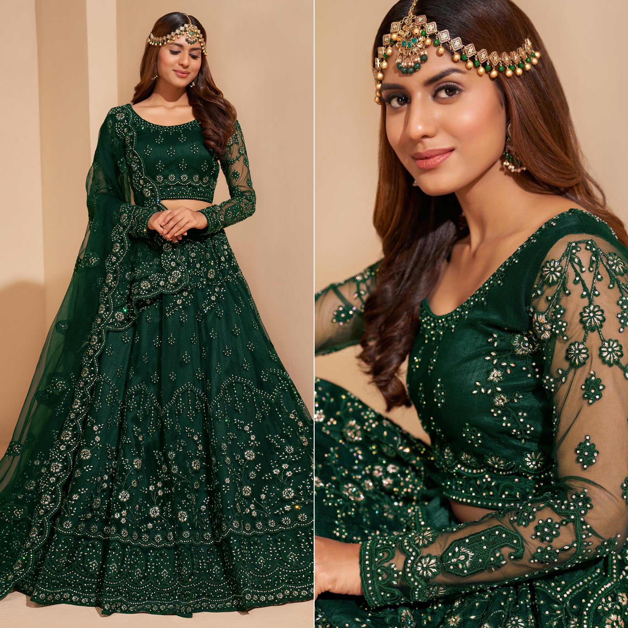 Peachmode Bottle Green Wedding Wear Embroidered With Embellished Net Lehenga Choli