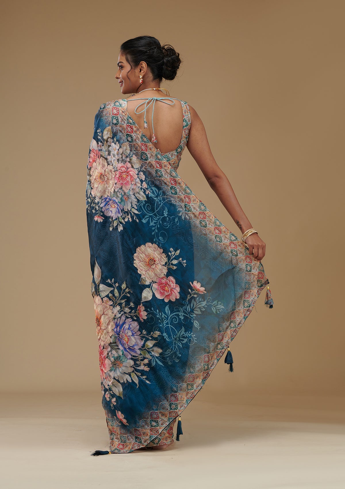 Koskii Peacock Blue Printed Tissue Saree – Women's - view 2