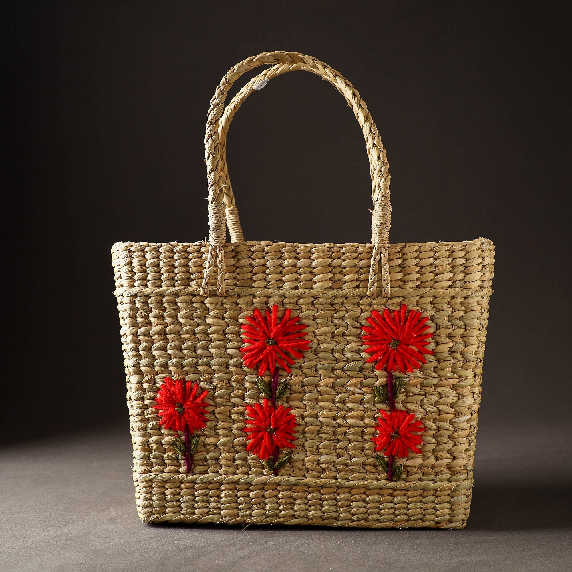 ITOKRI CRAFTS INITIATIVE Beige - Handcrafted Natural Water Reed Embroidered Shopping Bag
