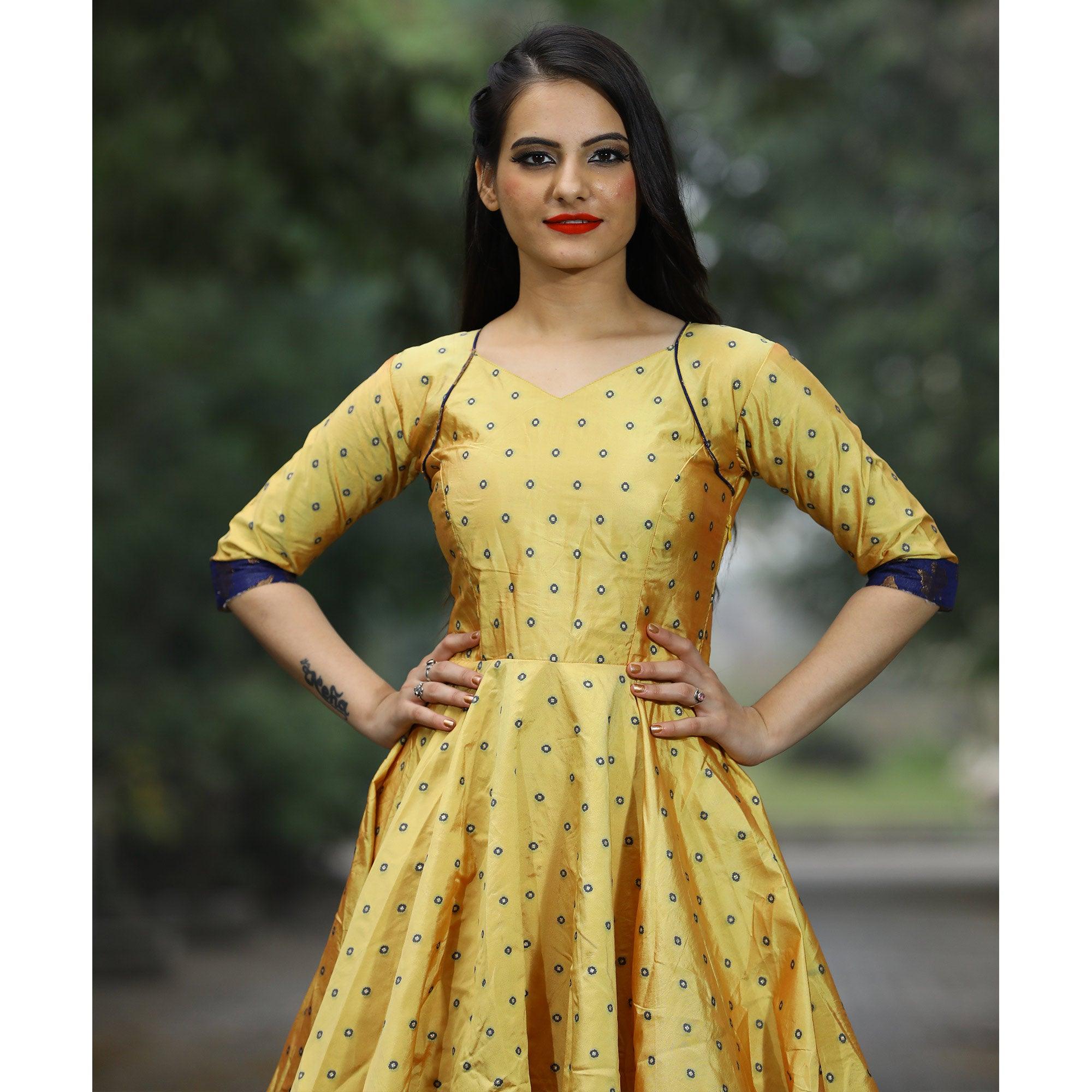 Peachmode Seller Glowing Light Yellow Colored Partywear Tapetta Gown - view 2