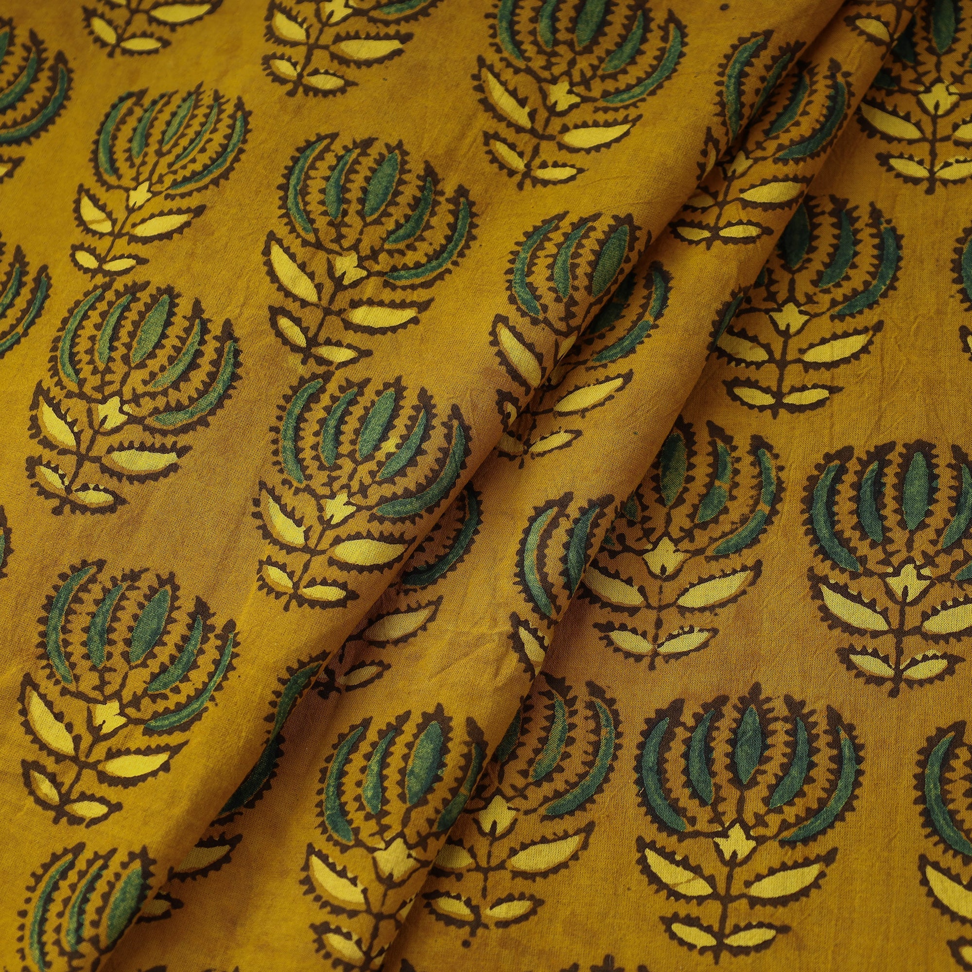 AJRAKH BY JABBAR KHATRI Beaming Yellow Lotus Butta Ajrakh Block Printed Cotton Fabric - view 2