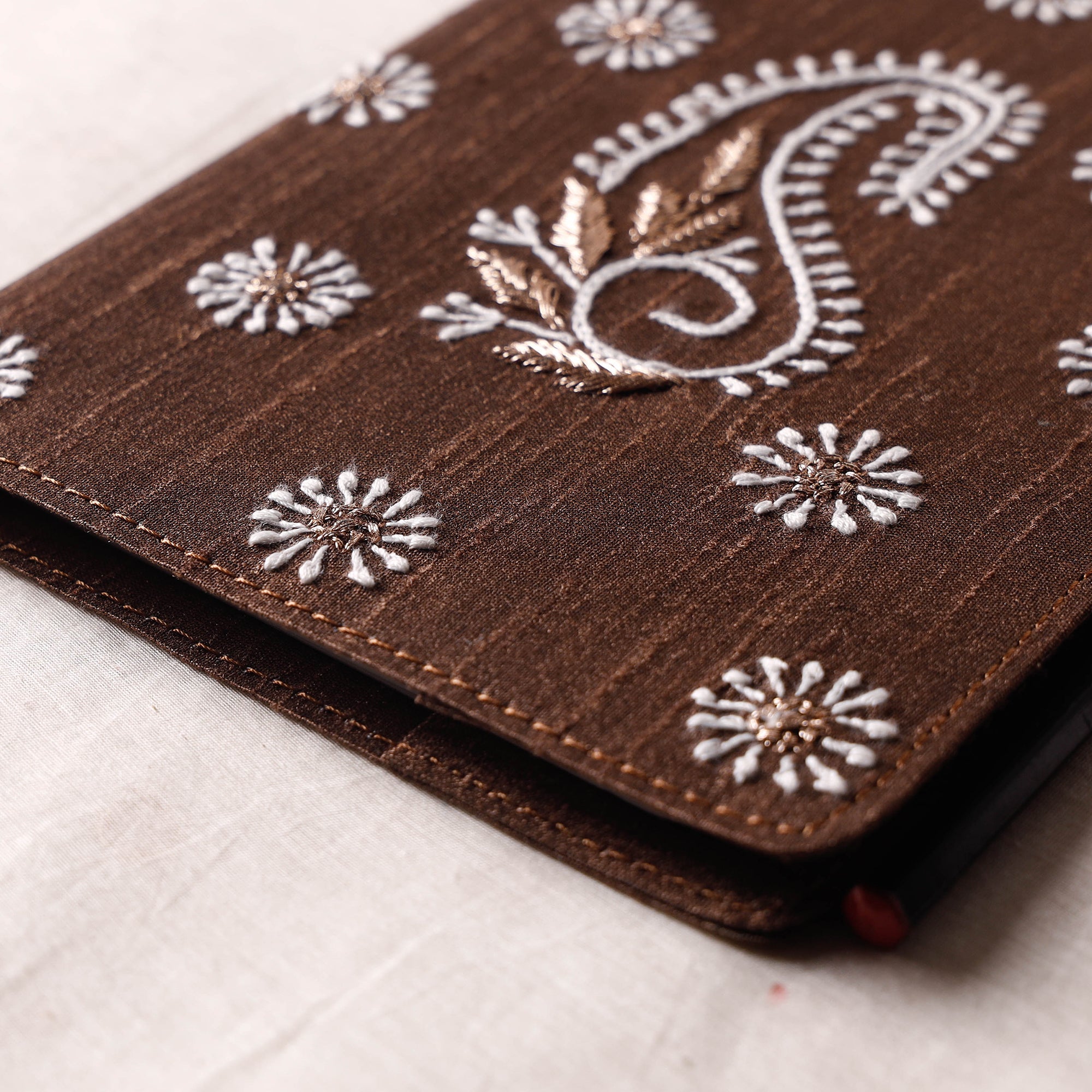 LAVANGG Brown - Lucknow Chikankari Hand Embroidery Silk Cover Notebook with Pencil (8 x 5.5 in) - view 2