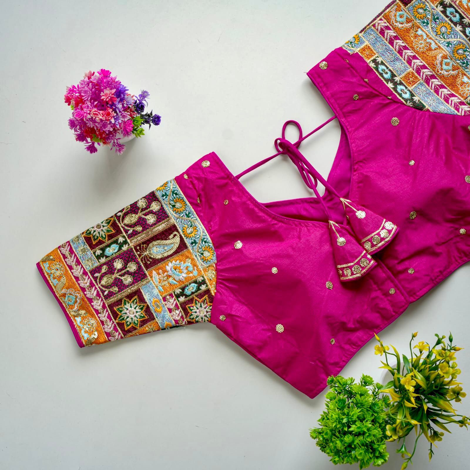 ClothsVilla Pink Golden Embroidered Seoul Silk Blouse with Sequins