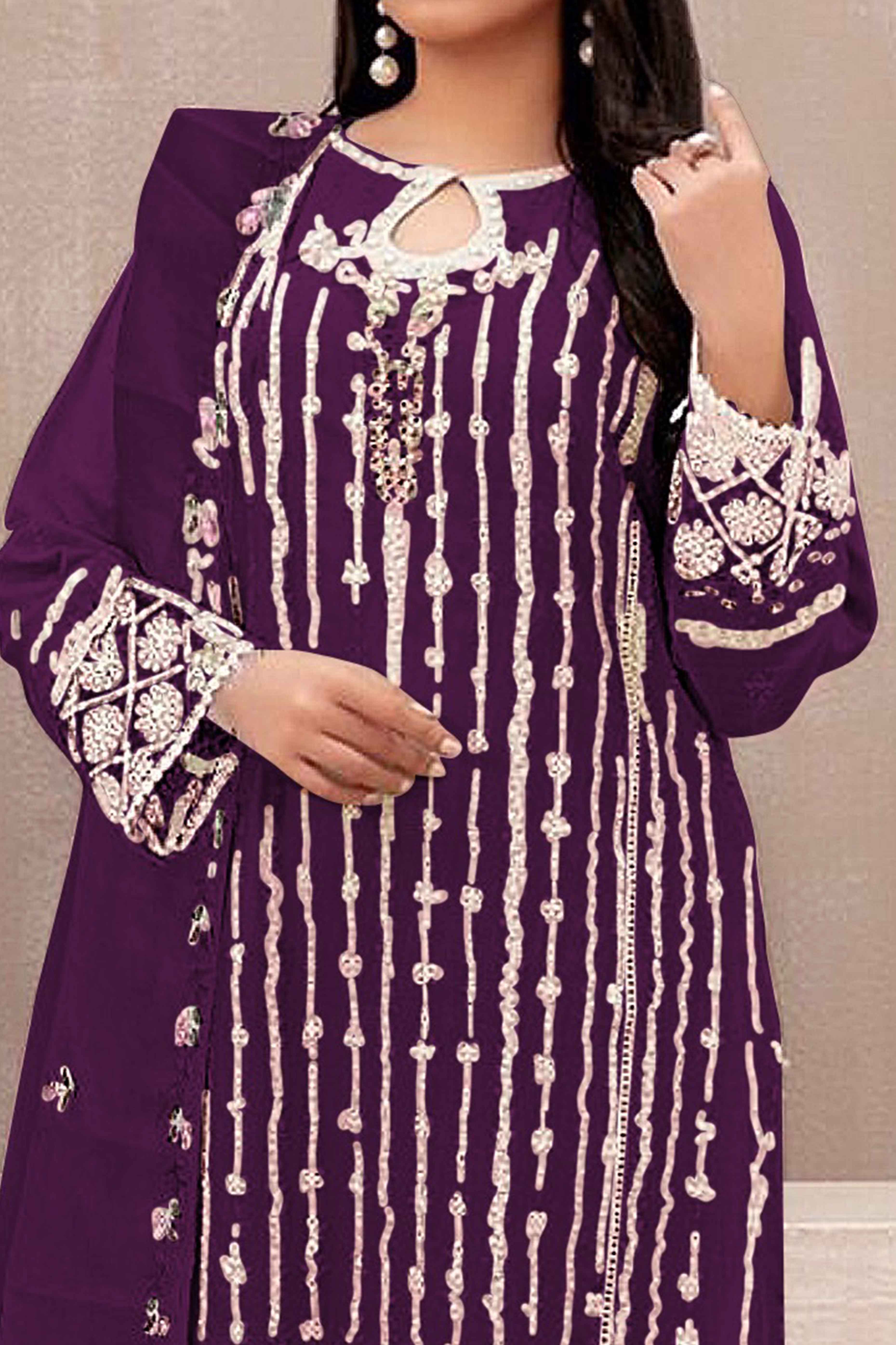 Peachmode Dark Purple Floral Embroidered Georgette Semi Stitched Pakistani Suit - view 2