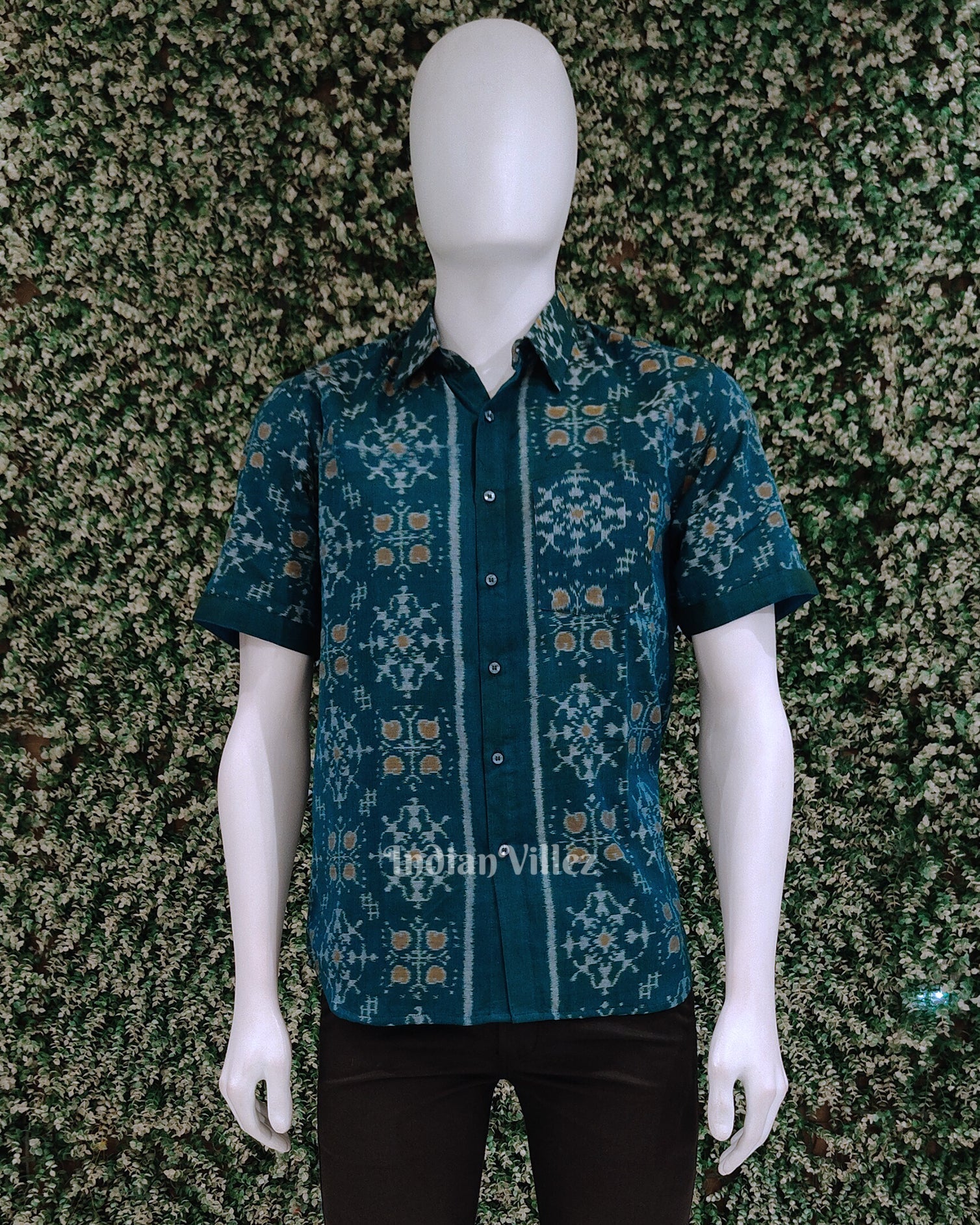 IndianVillèz Blue Odisha Ikat Cotton Half Sleeve Shirt for Men