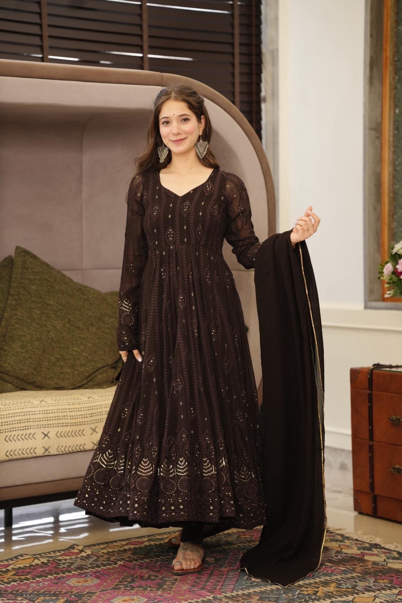 Idaho-o brown embroidered georgette suit set - view 4