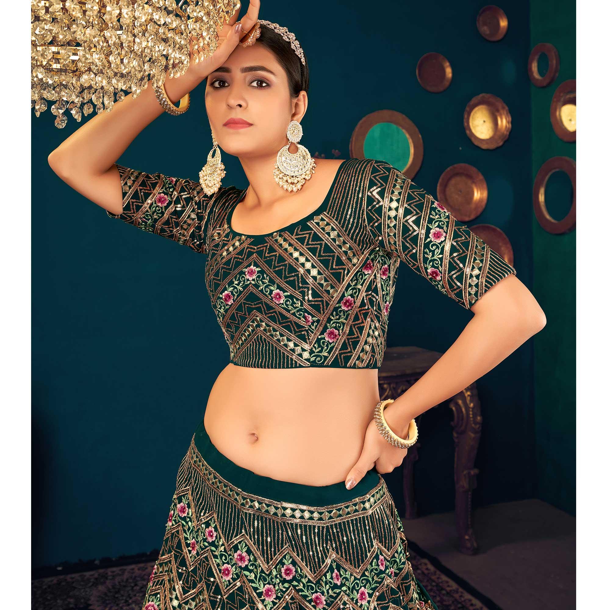 Peachmode Dark Green Partywear Sequins With Gotta Patti Embroidered Georgette Lehenga Choli - view 3