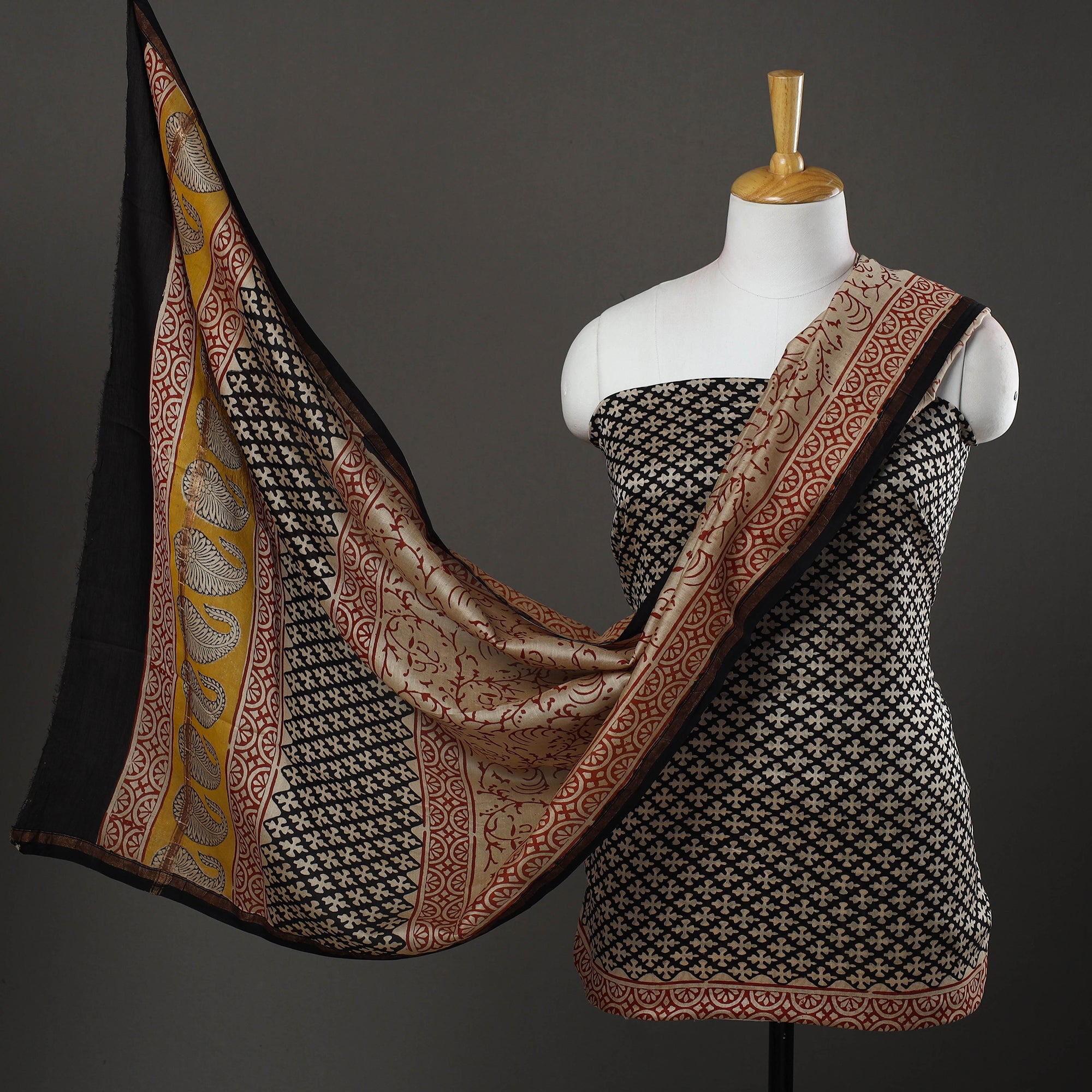 HAVELI CHRONICLES Black - 3pc Bagru Print Chanderi Silk Dress Material 07