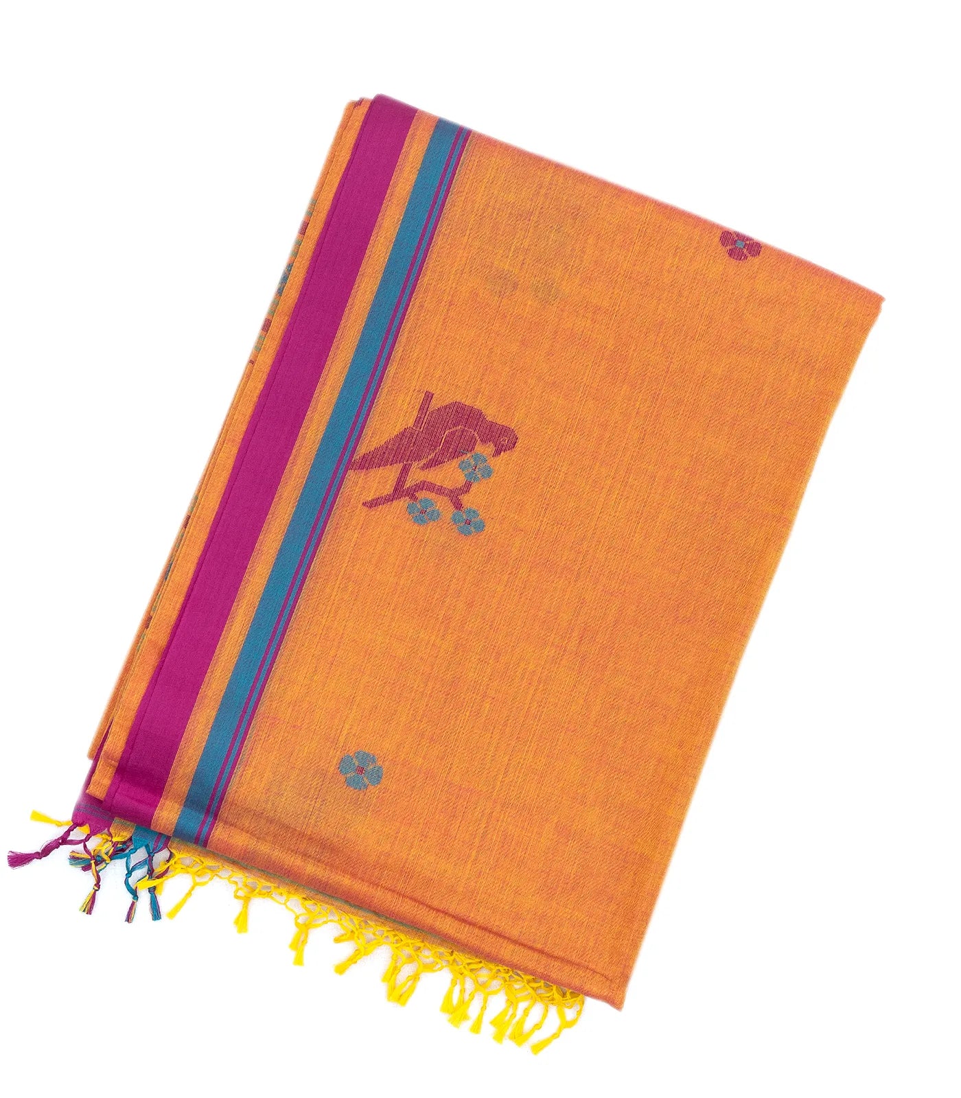 RmKV Orange Handloom Bengal Cotton Saree With Bird Motifs