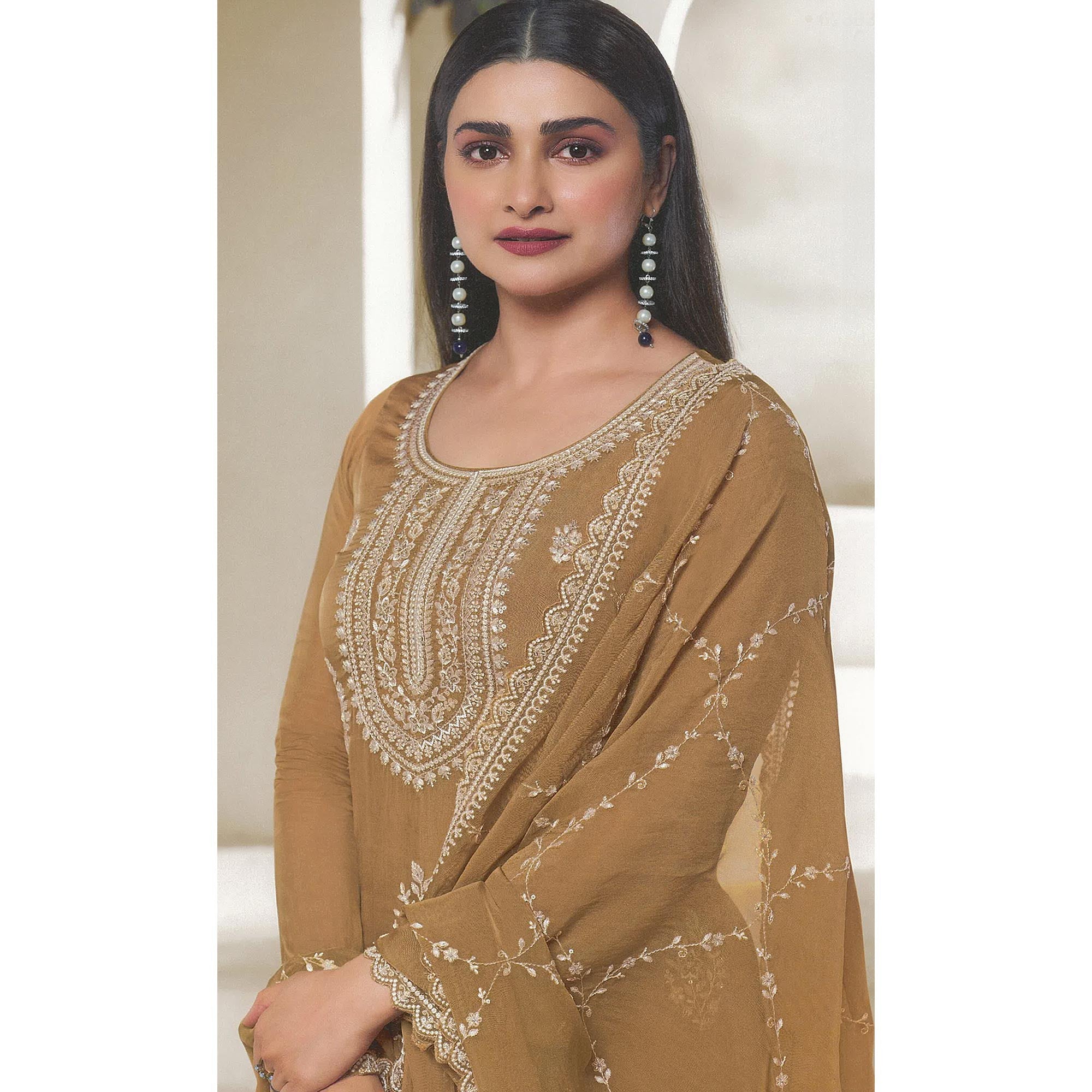 Peachmode Light Brown Floral Embroidered Organza Semi Stitched Salwar Suit - view 4