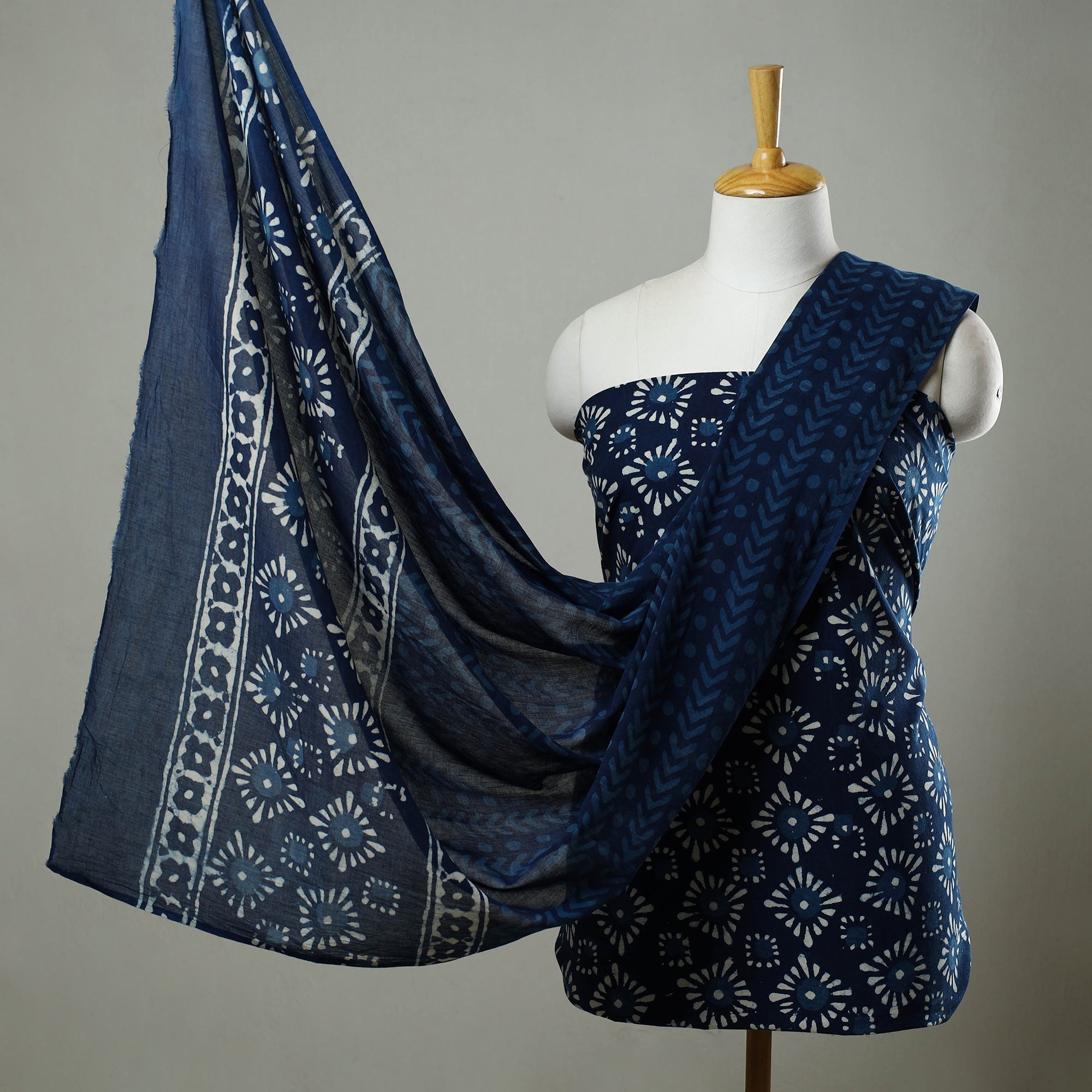 ARTISAN HAND BLOCK PRINTS Blue - 3pc Cotton Indigo Bagru Print Dress Material Set 15