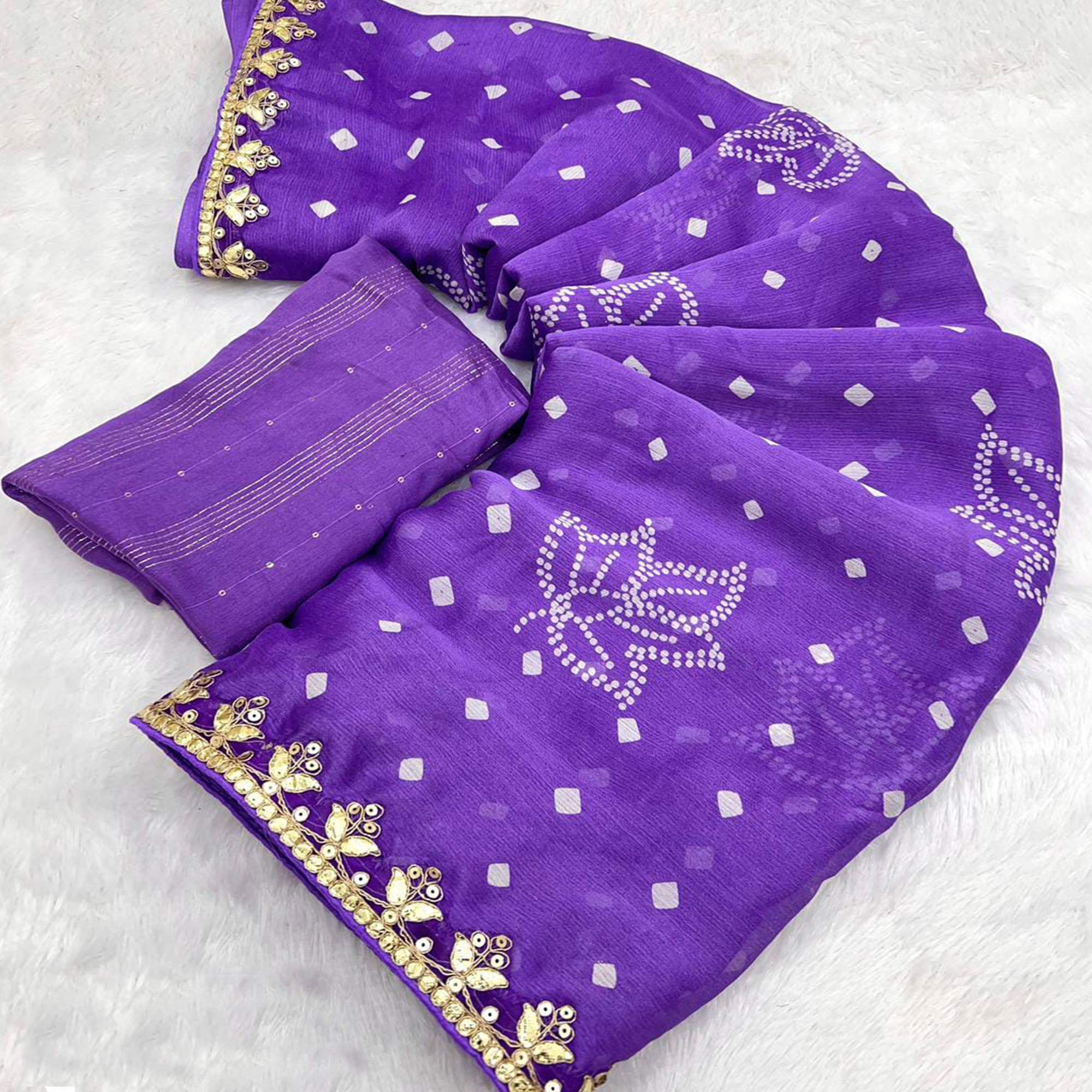 Peachmode Lavender Bandhani Printed Chiffon Saree With Sequins Embroidered Border