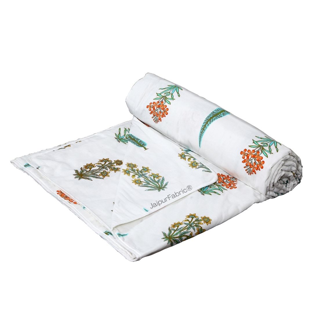 JaipurFabric® Jaipur Mela Hand Block Printed Sea Green Trees and Flowers Single Bed Dohar - view 3