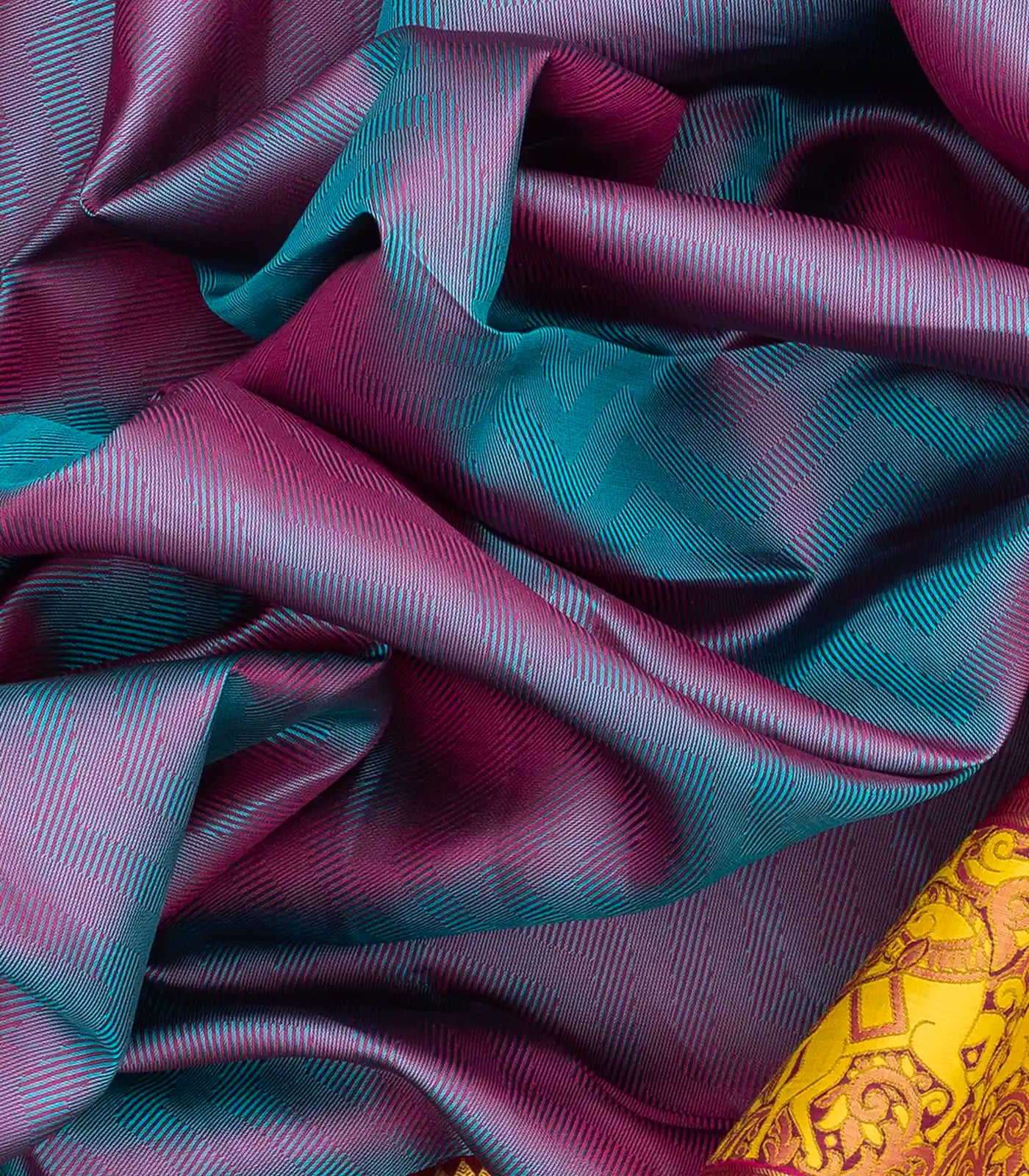 RmKV Cyan Handloom Silk Saree With Chevron Motifs & Kalamkaari Horse Motifs - view 6