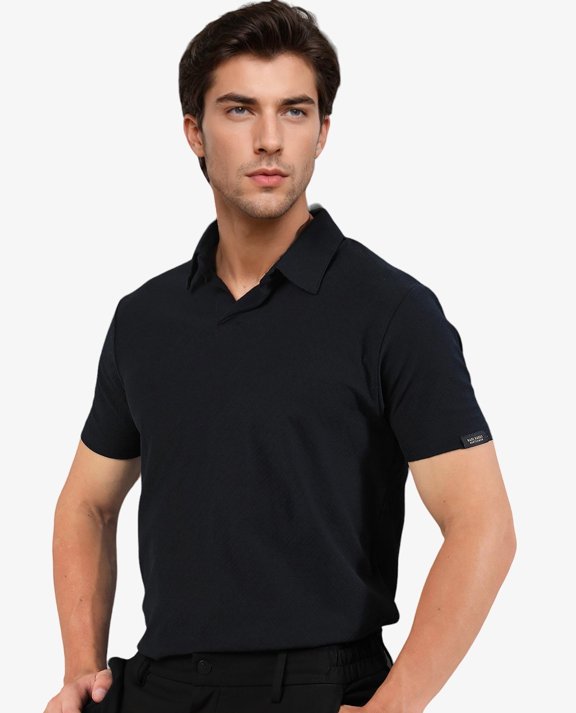 Rare Rabbit Tenna-2 Primary Black Polo Cotton Fabric Short Sleeve Polo Collar Slim Fit