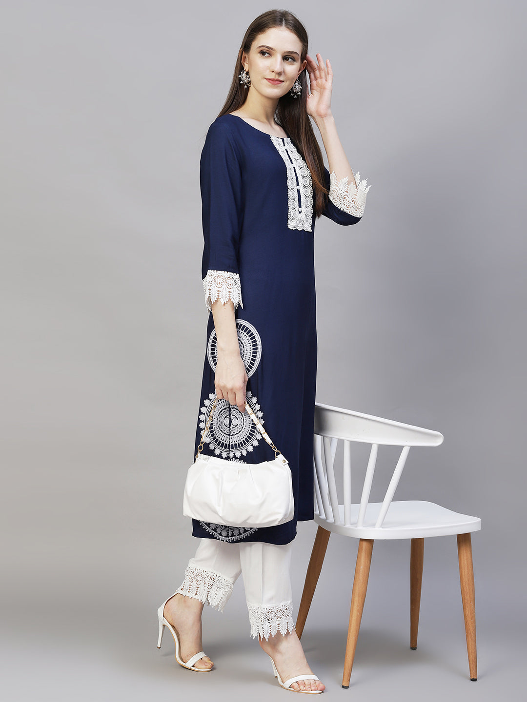 Fashor Ethnic Embroidered Straight Fit Kurta & Pants - Navy Blue