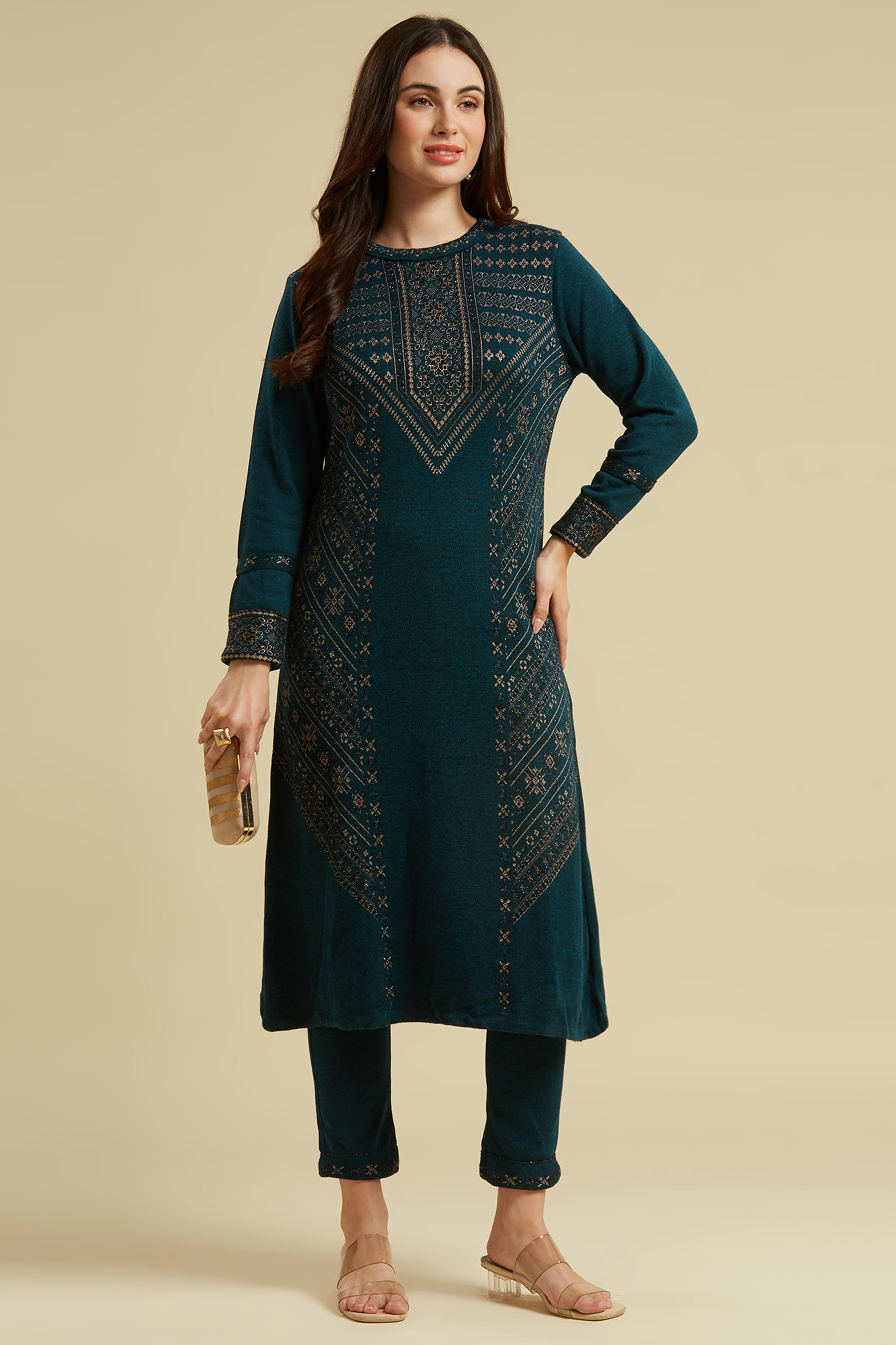 Peachmode Dark Teal Floral Woolen Top Bottom Set