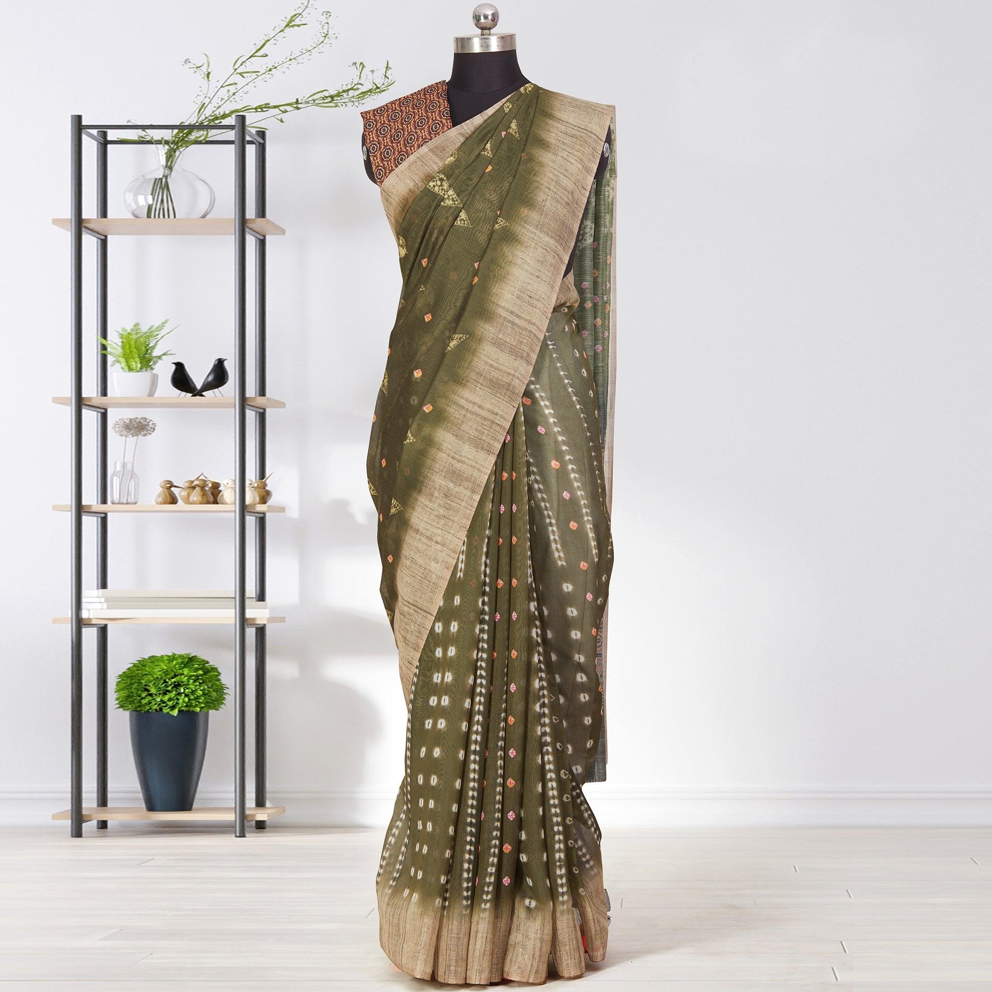 Peachmode Captivating Green Coloured Casual Wear Printed Linen Saree
