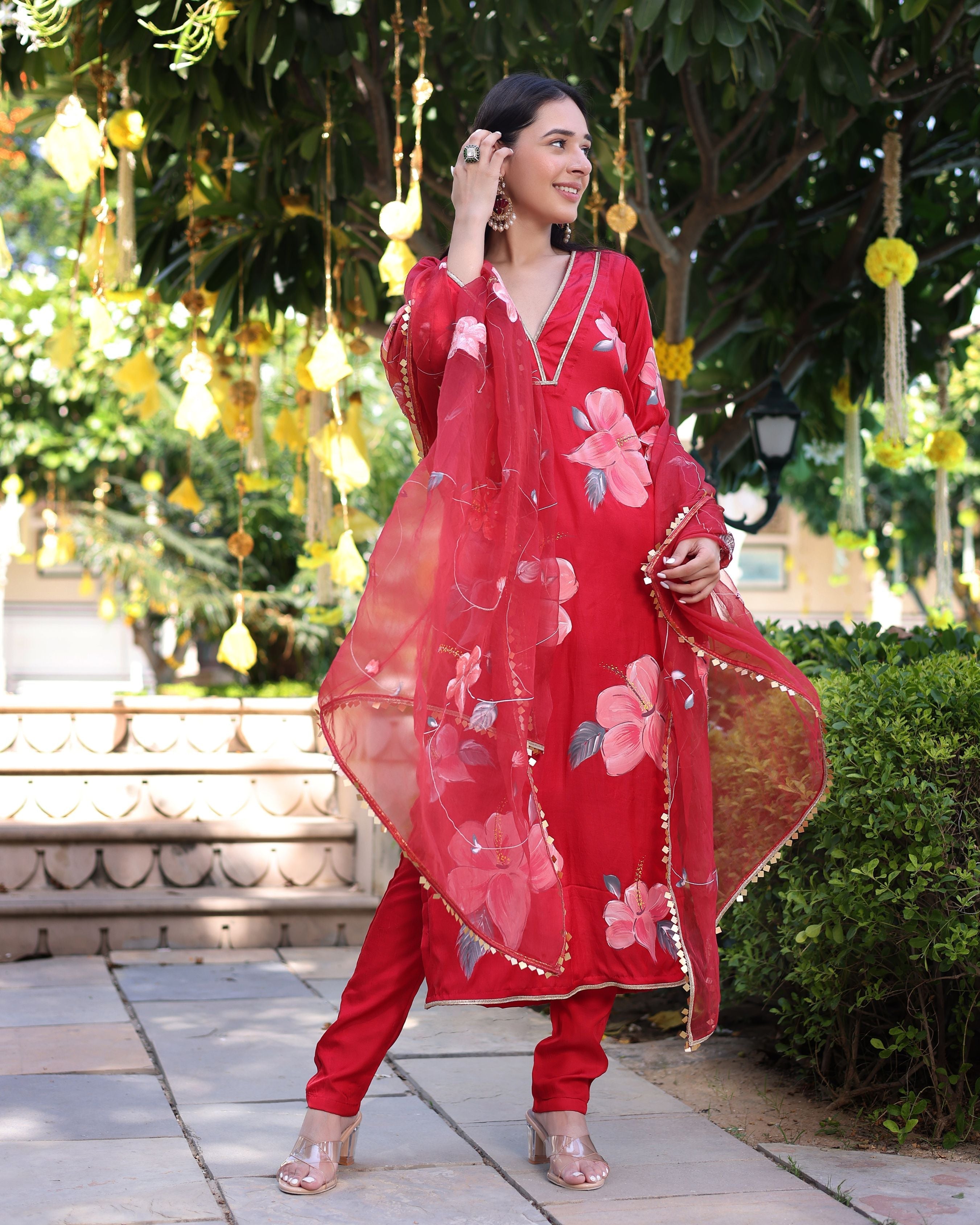 Aachho Raspberry Blush Red Handpainted Satin Suit Set - view 6