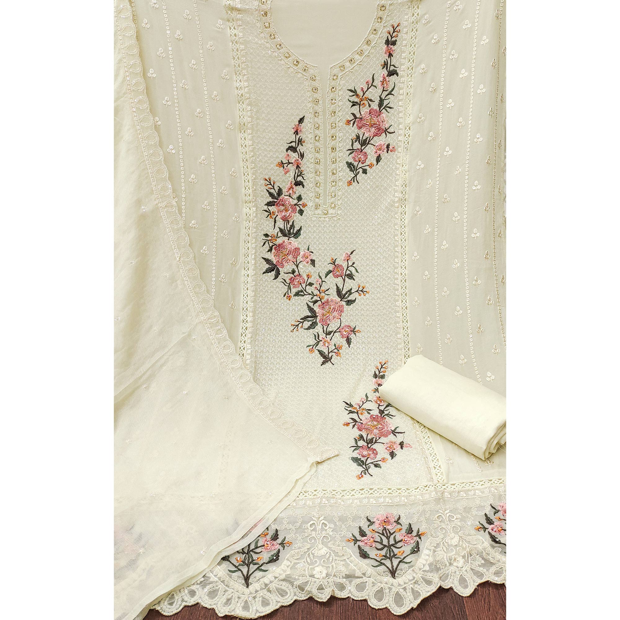 Peachmode Cream Floral Sequins Embroidered Georgette Dress Material - view 3