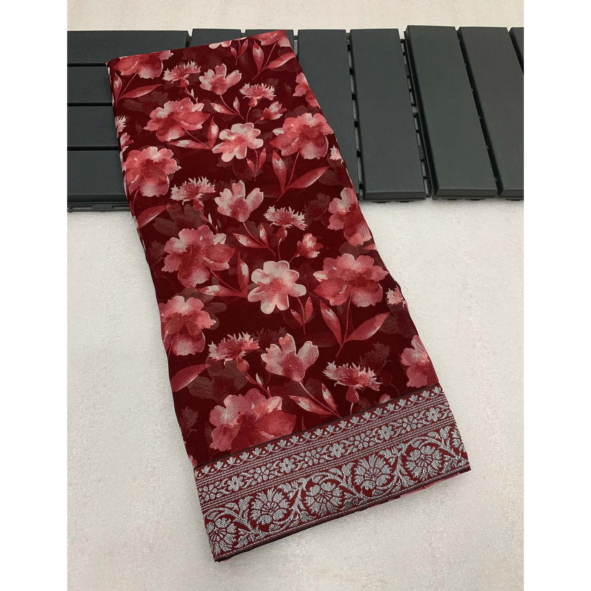 Peachmode Maroon Floral Printed Georgette Saree With Woven Border - view 3