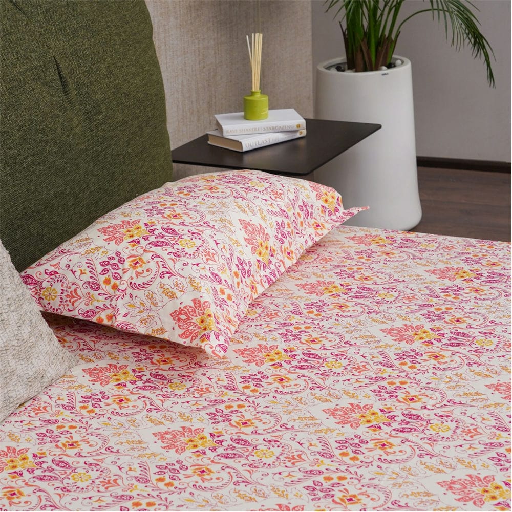 Urban Space -Home Furnishing Store Regal Collection - Breathable 200 TC 100% Pure Cotton Bedsheet with Pillow Cover, Mughal Garden-Peach