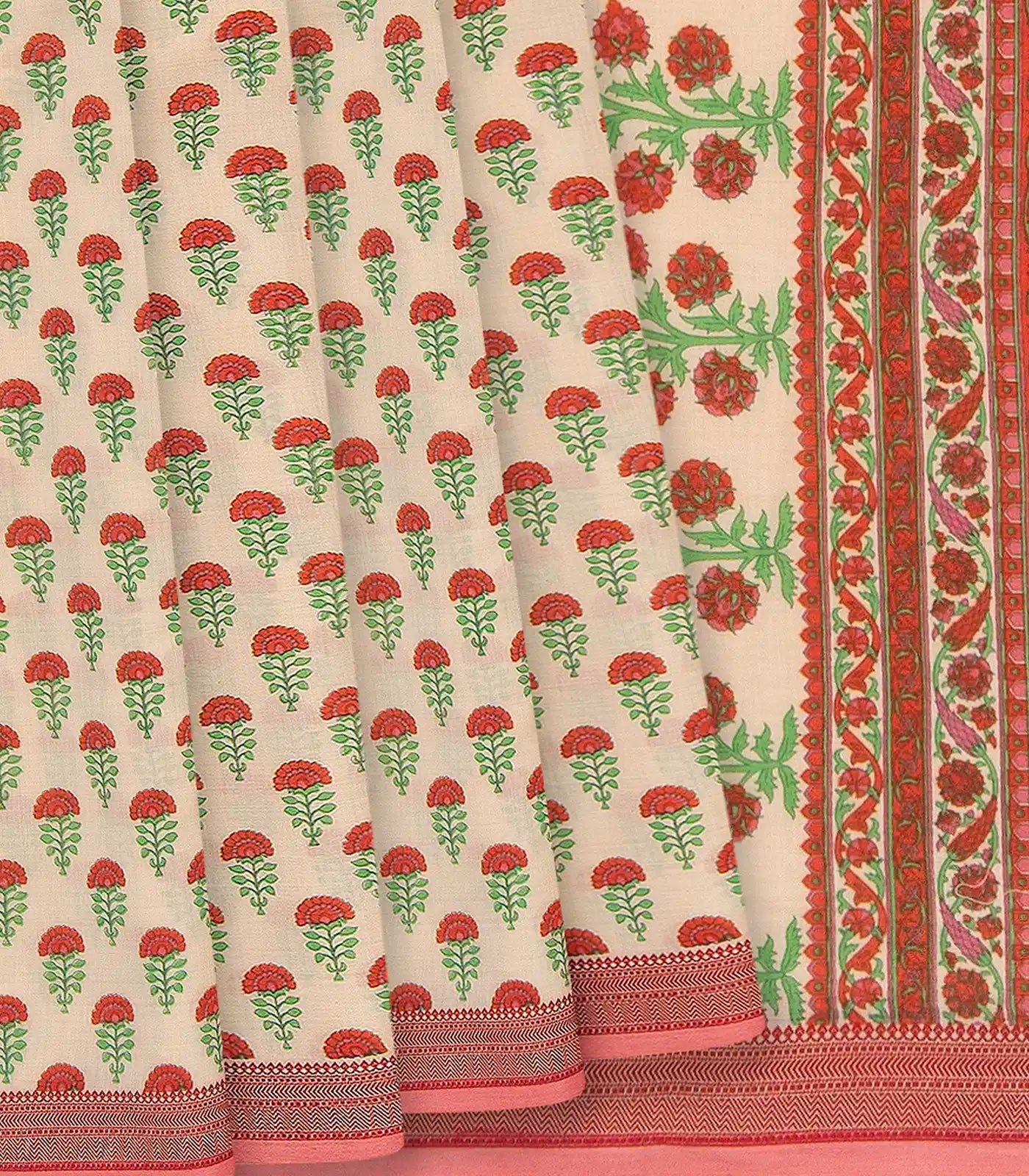 RmKV Off White Handwoven Chanderi Cotton Saree With Flower Motifs & Pink Border-Off White