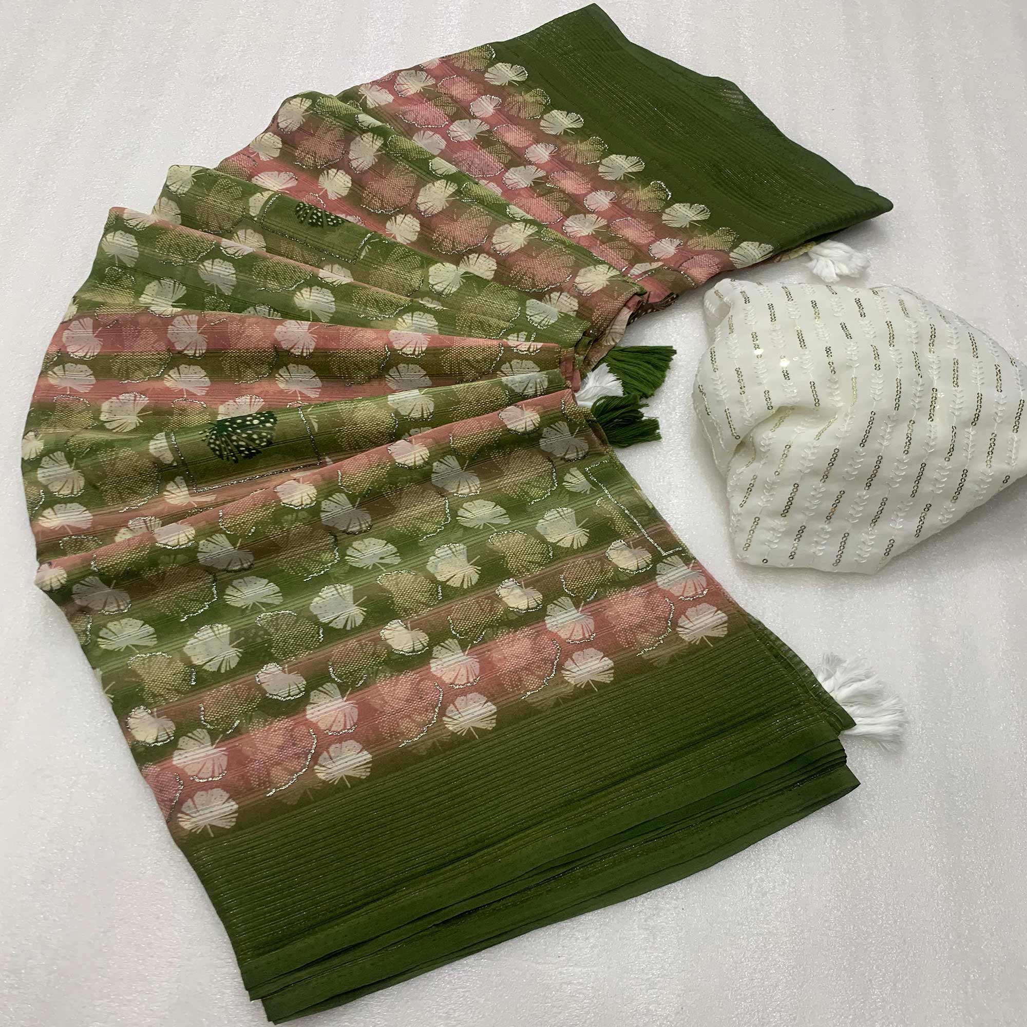 Green sarees – BlackTree green-floral-foil-printed-georgette-saree-with-tassels-5