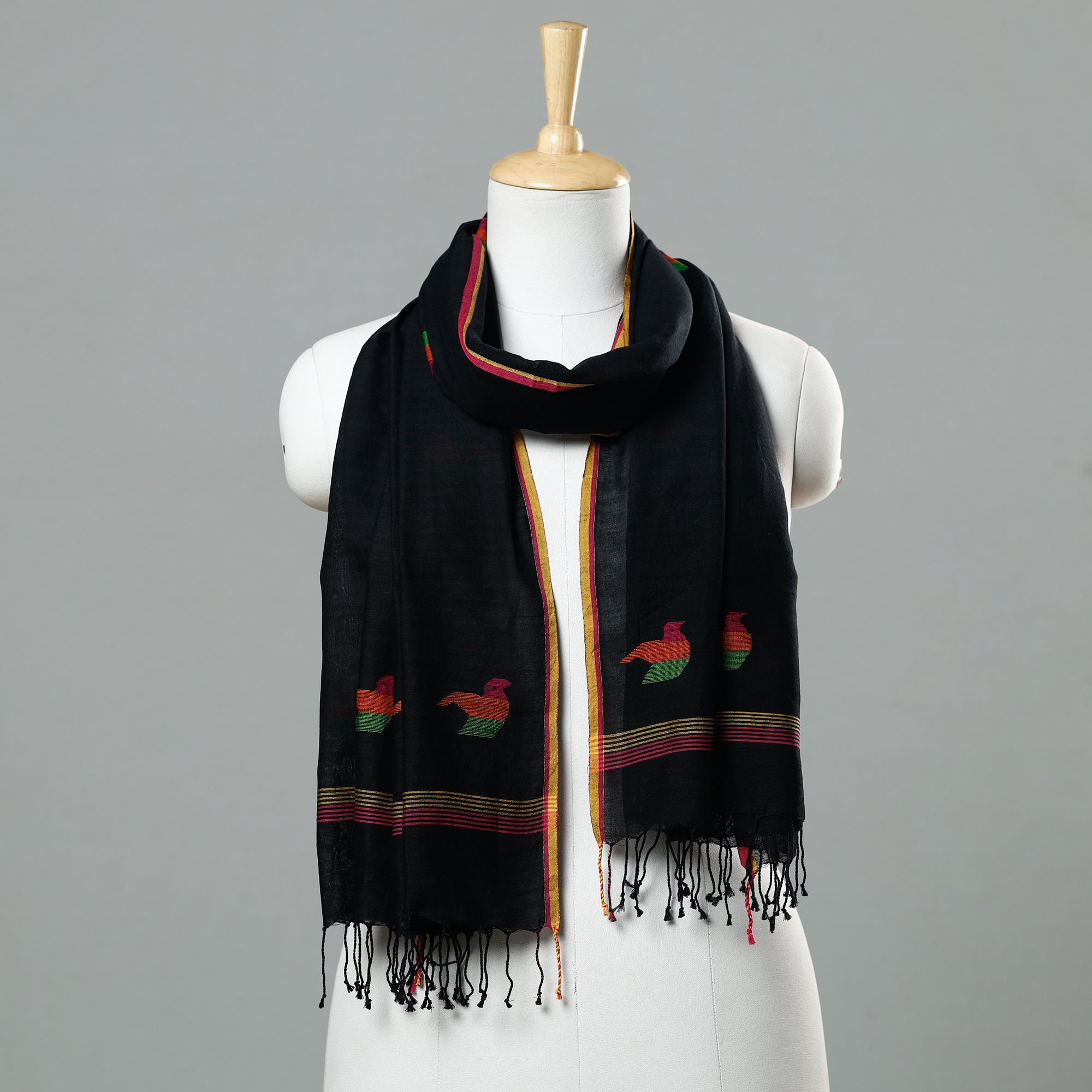 ALANKRITA Black - Jamdani Handloom Cotton Stole with Tassels