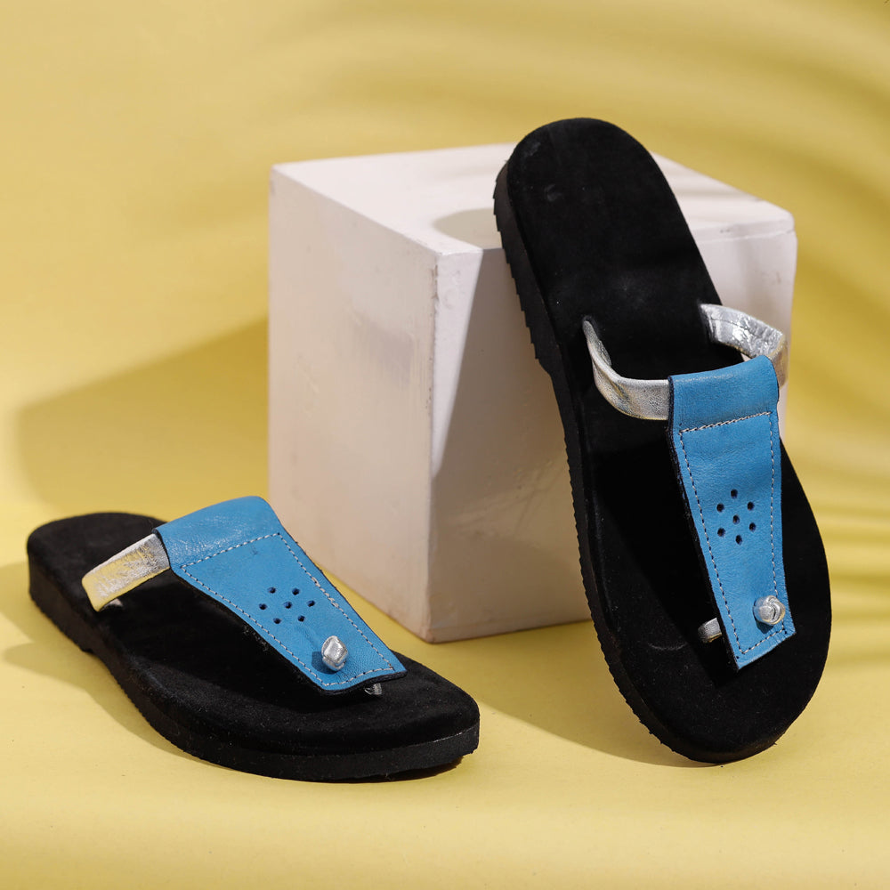 AASAI HANDICRAFT FOOTWEAR AUROVILLE Black & Blue Handcrafted Women's Leather Slippers with Suede
