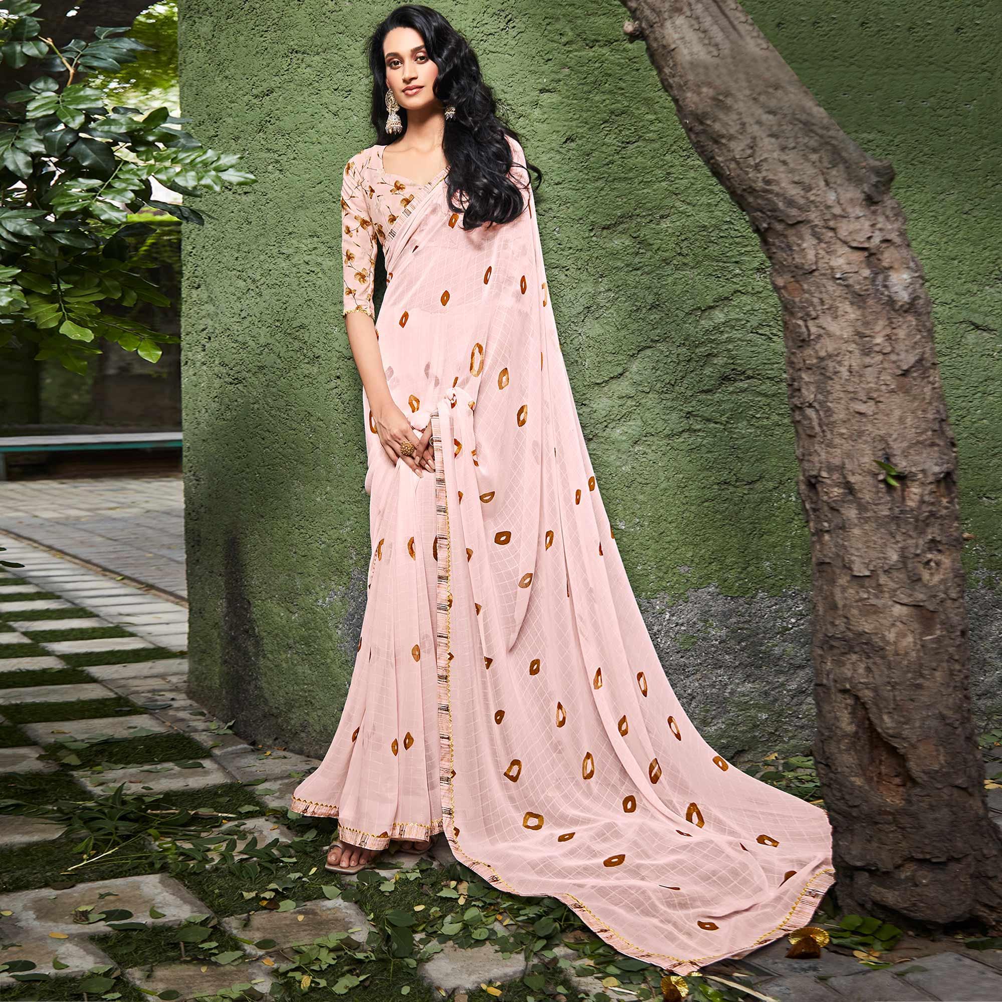 Peachmode Light Pink Printed With Gota Patti Border Georgette Saree