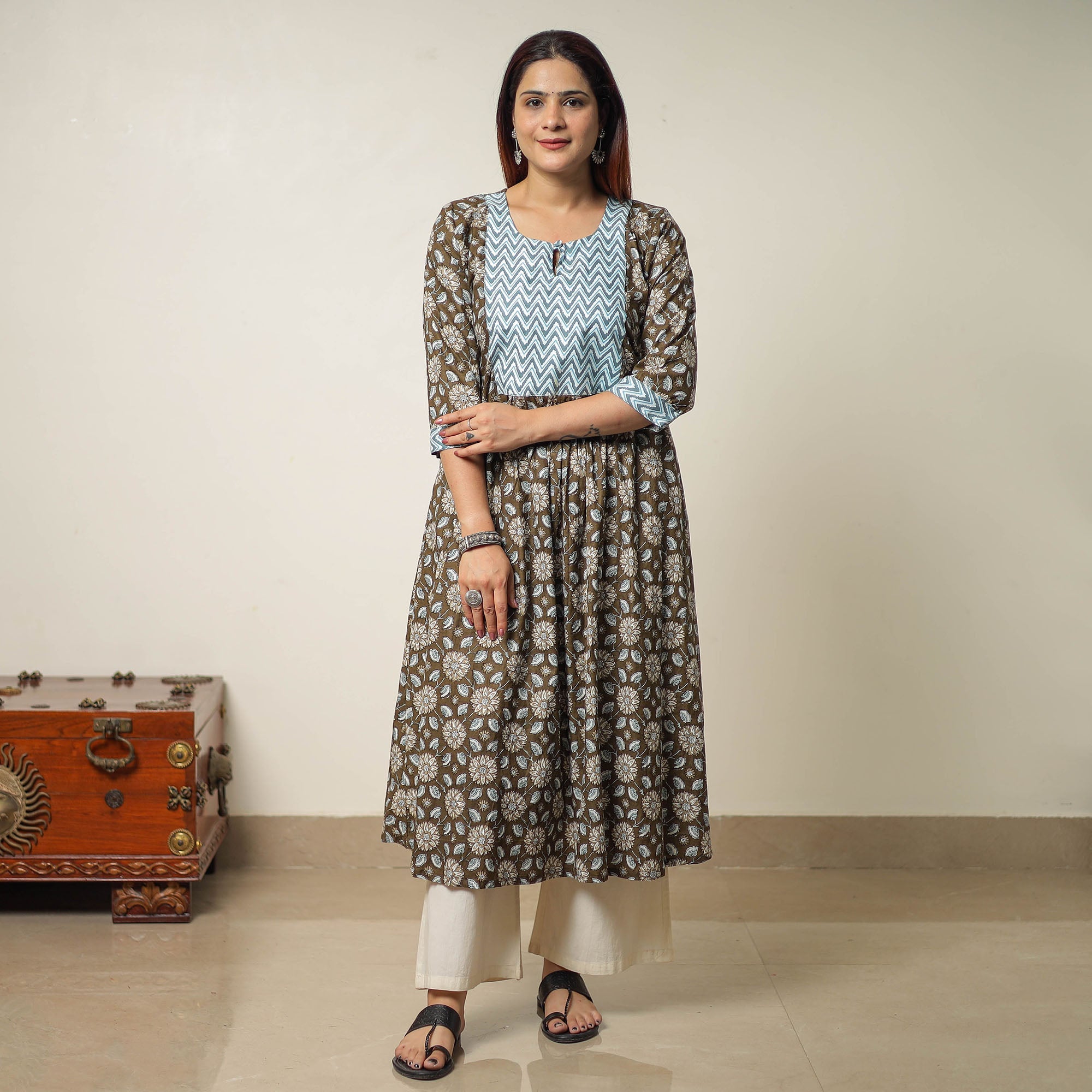 ITOKRI CASUALS Brown - Jaipur Printed Cotton A-Line Kurta with Patchwork 01 - view 4