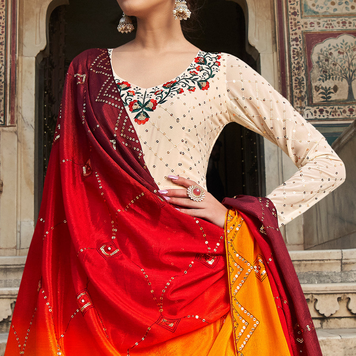 Peachmode Seller Cream Sequins Embroidered Georgette Gown With Dupatta - view 3