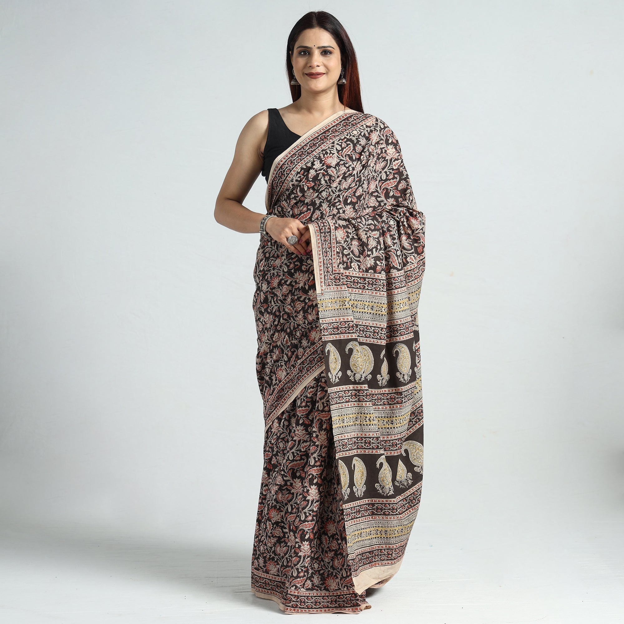 PITCHUKA SRINIVAS KALAMKARI PEDANA Black - Pedana Block Print Cotton Kalamkari Saree 01