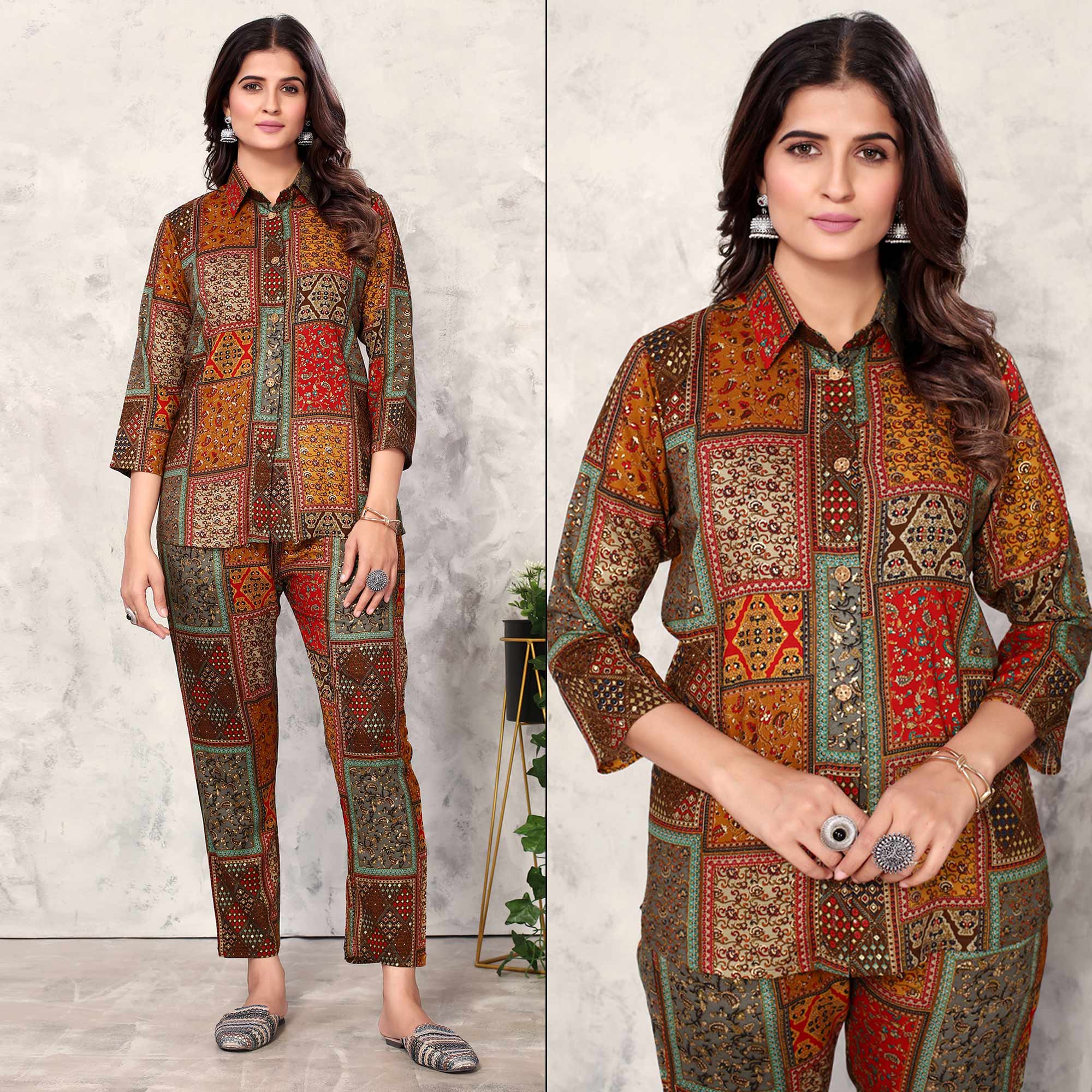Peachmode Seller Brown Floral Printed Rayon Co Ord Set