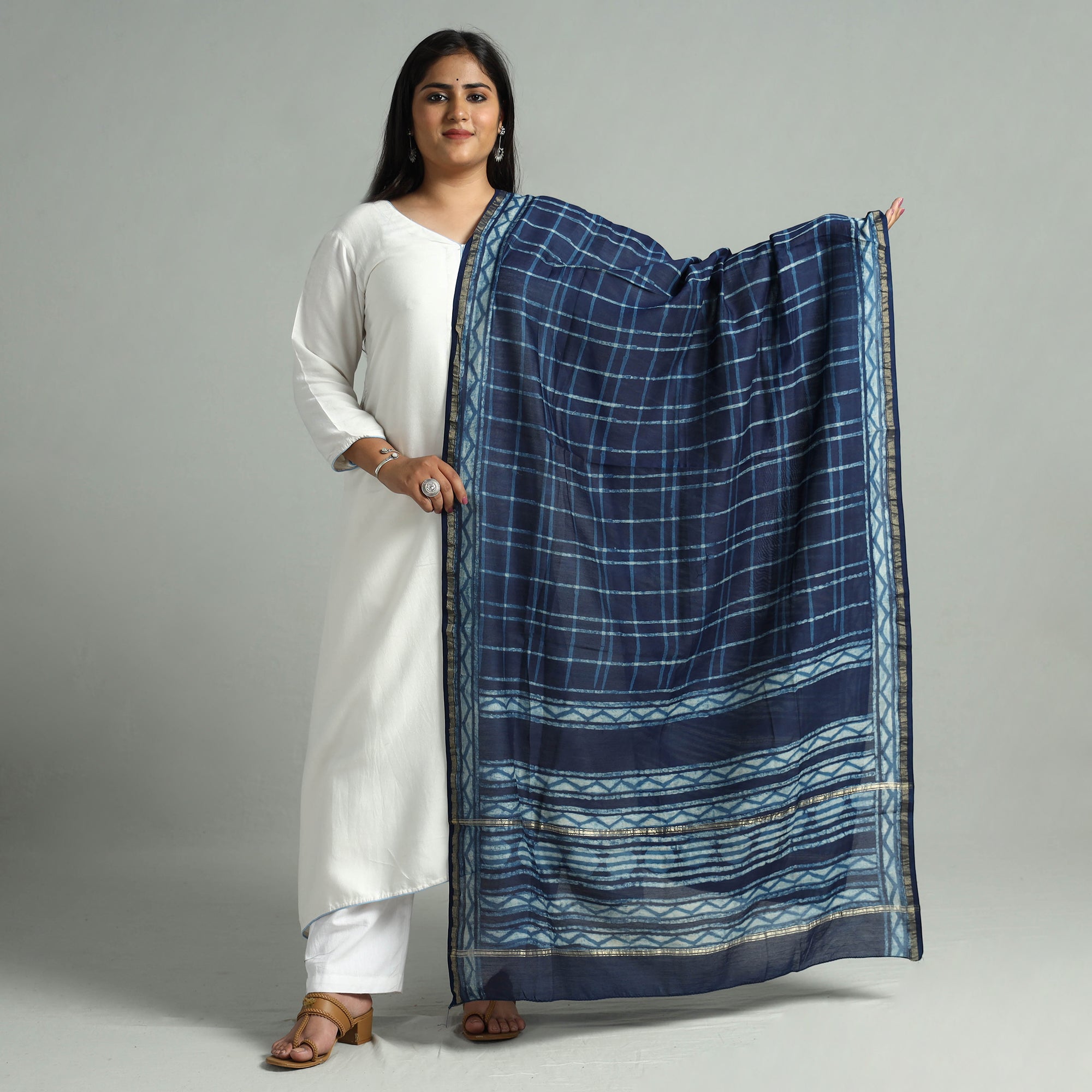 HAVELI CHRONICLES Blue - Akola Dabu Block Printed Handloom Chanderi Silk Dupatta 18