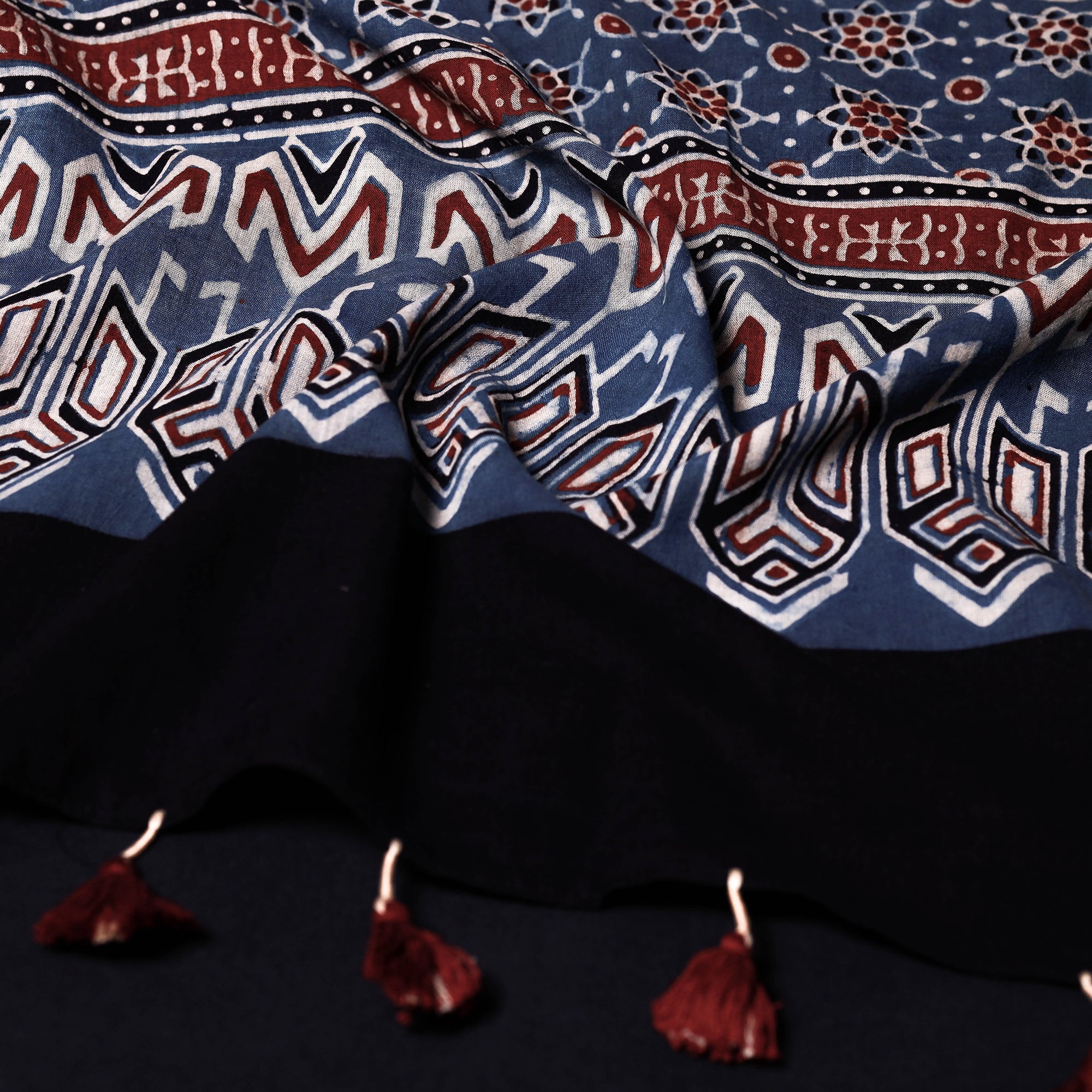 RIYAZ ABDULMAJID KHATRI - AJRAKH Blue - Ajrakh Block Printed Mul Cotton Stole with Tassels - view 2
