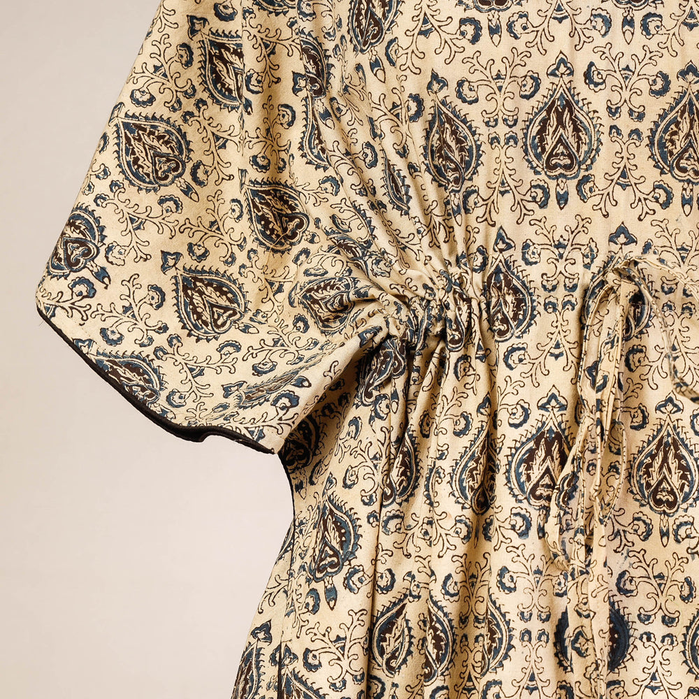 CHUTNEY CRAFT STUDIO Beige - Block Print Cotton Kalamkari Kaftan with Tie-Up Waist (Medium) - view 2
