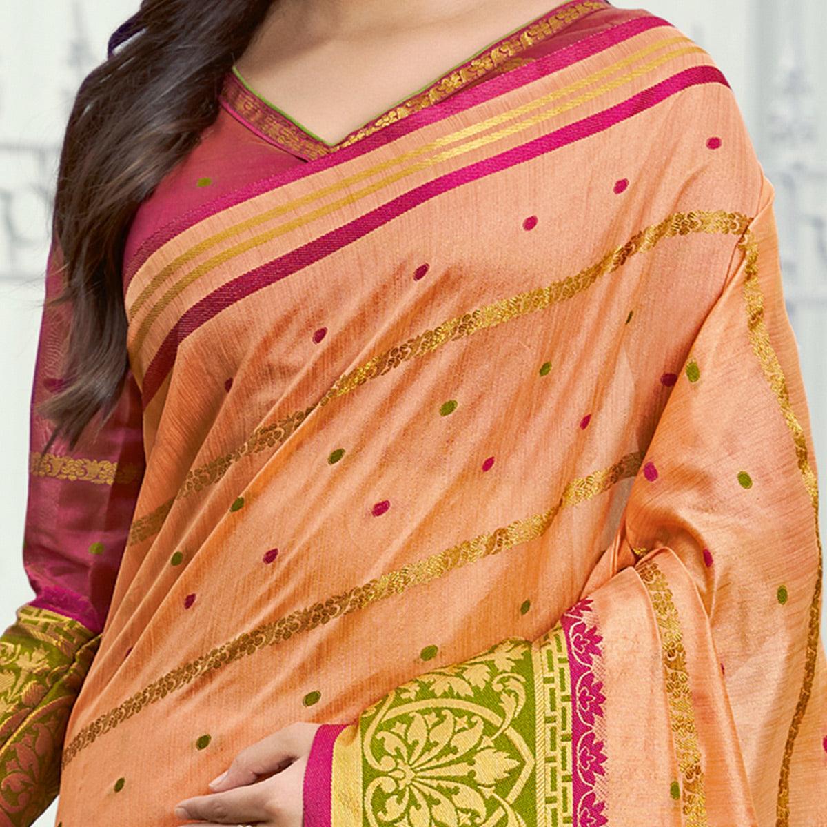 Peachmode Dazzling Peach Colored Festive Wear Woven Handloom Silk Saree - view 2