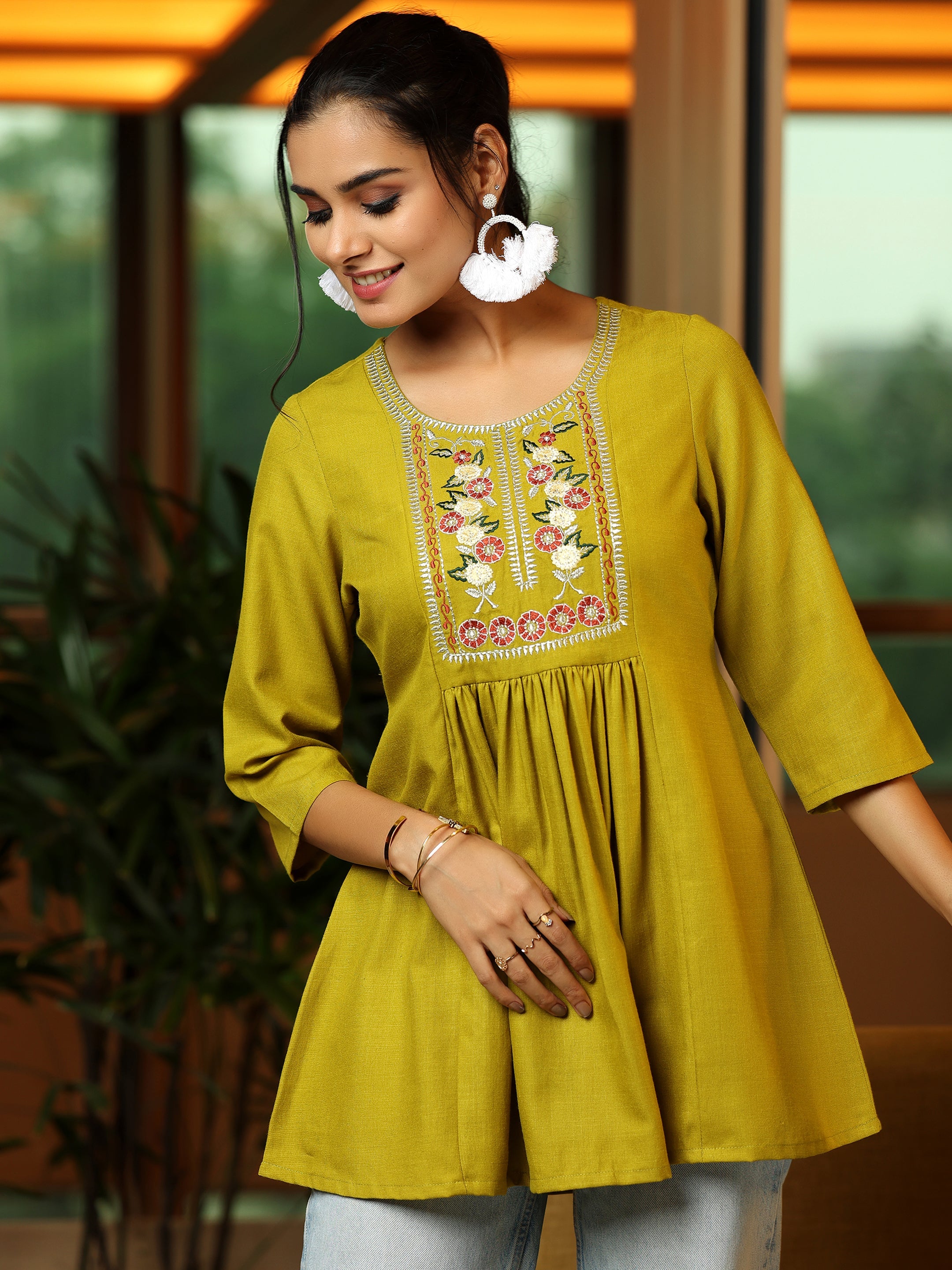 Libas Green Yoke Design Cotton Blend A-Line Kurti