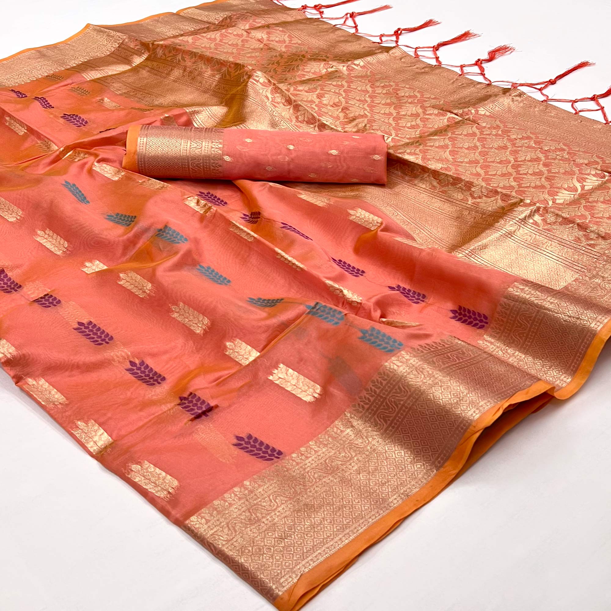 Peachmode Dark Peach Floral Woven Organza Saree