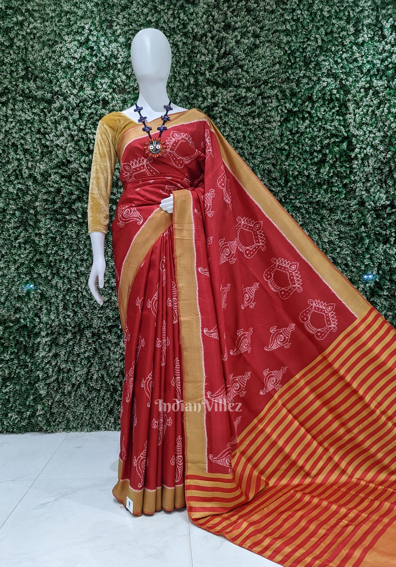 IndianVillèz Red Mustard Yellow Sankha Contemporary Silk Saree