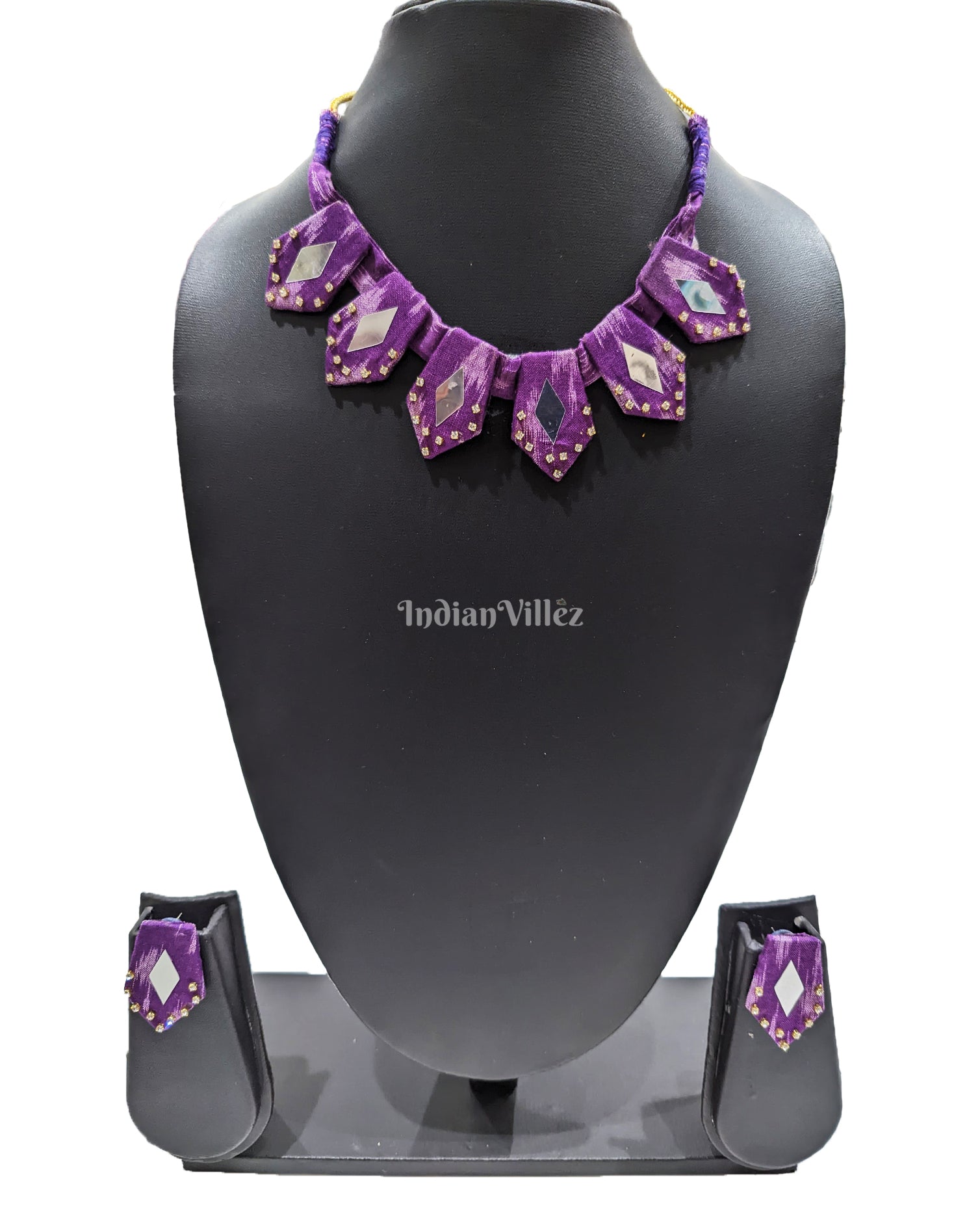 Necklace earrings set – IndianVillèz Purple Stone Stitching Sambalpuri Fabric Choker Jewellery - Necklace & Earrings Set