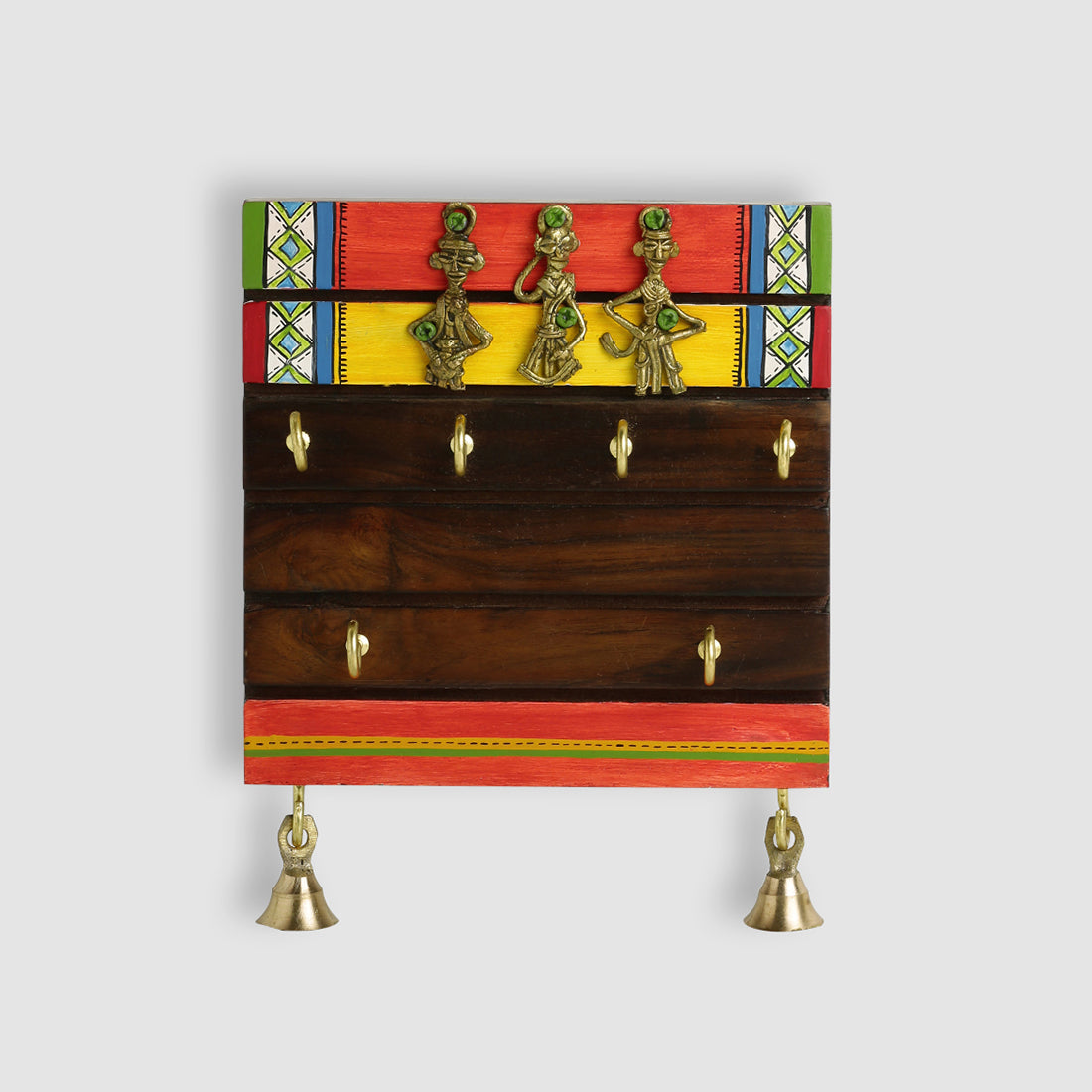 EXCLUSIVELANE 'Tribal Borders' Warli Handpainted Sheesham Wood Key Holder with Dhokra Art (6 Hooks) - view 2