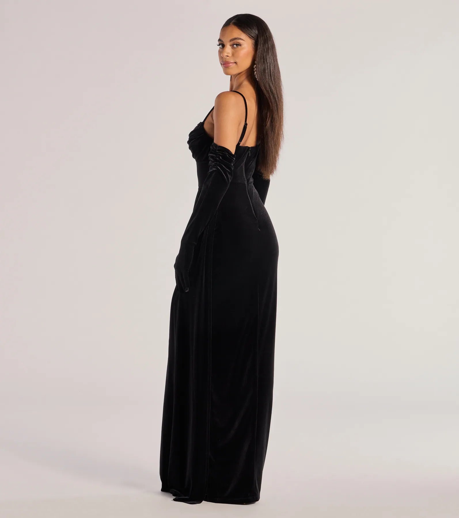 Windsor Inez Beaded Applique Velvet Formal Dress With Gloves - view 6
