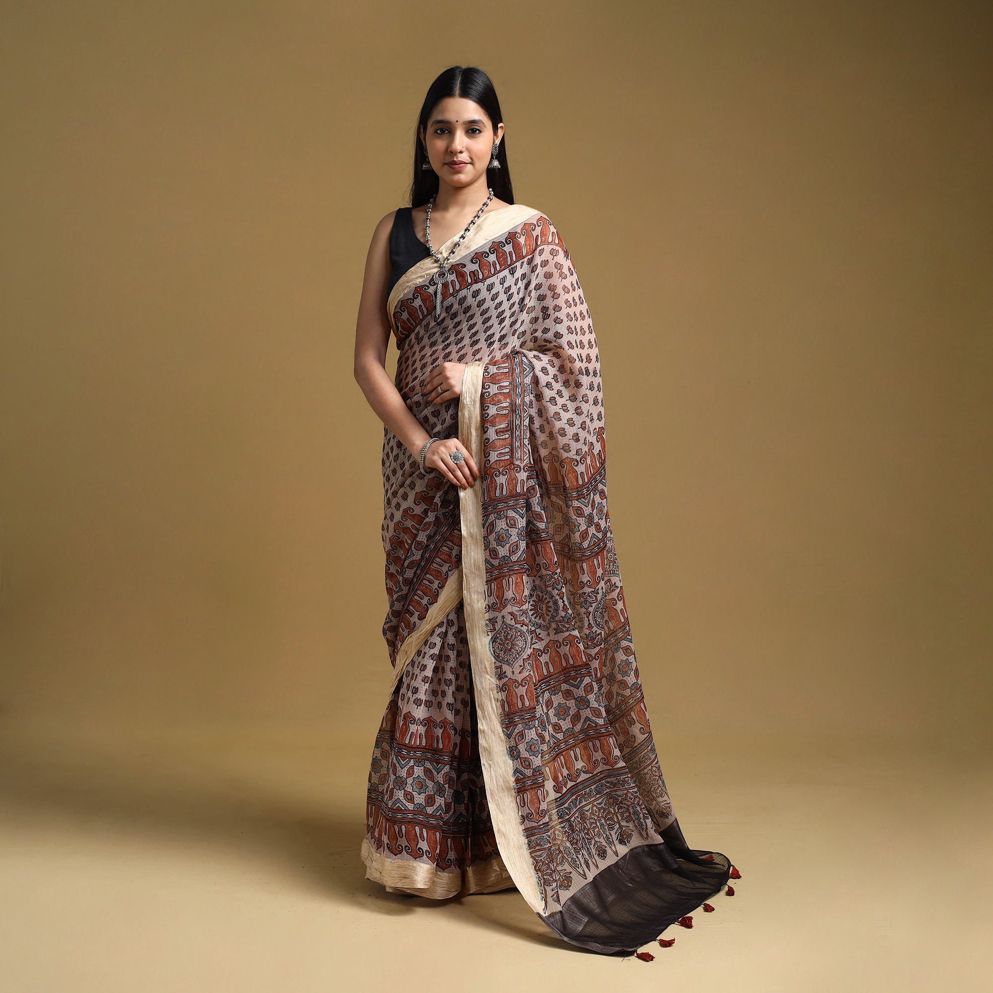 KACHCHH JI CHHAAP Beige - Natural Dyed Block Print Kota Doria Cotton Ajrakh Saree 10