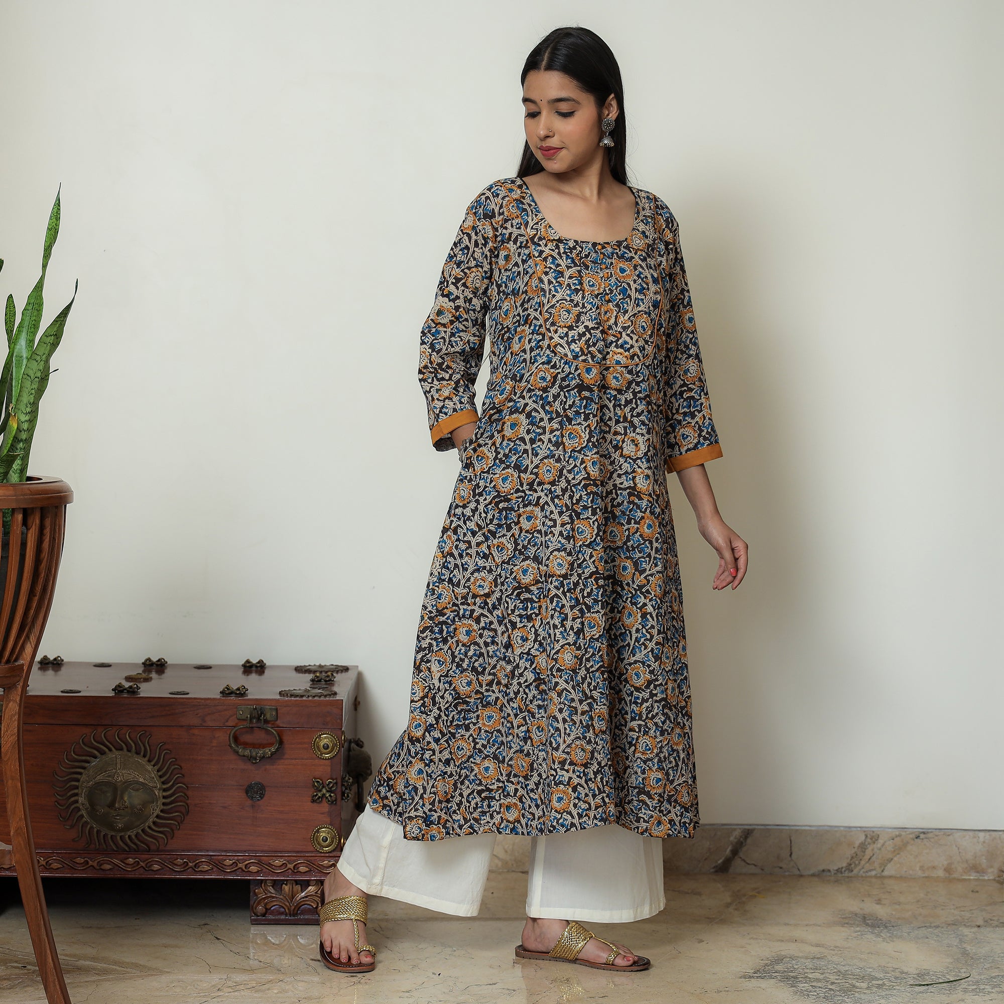 ITOKRI CASUALS Black - Hand Block Print Cotton A-Line Kalamkari Kurta 18 - view 8