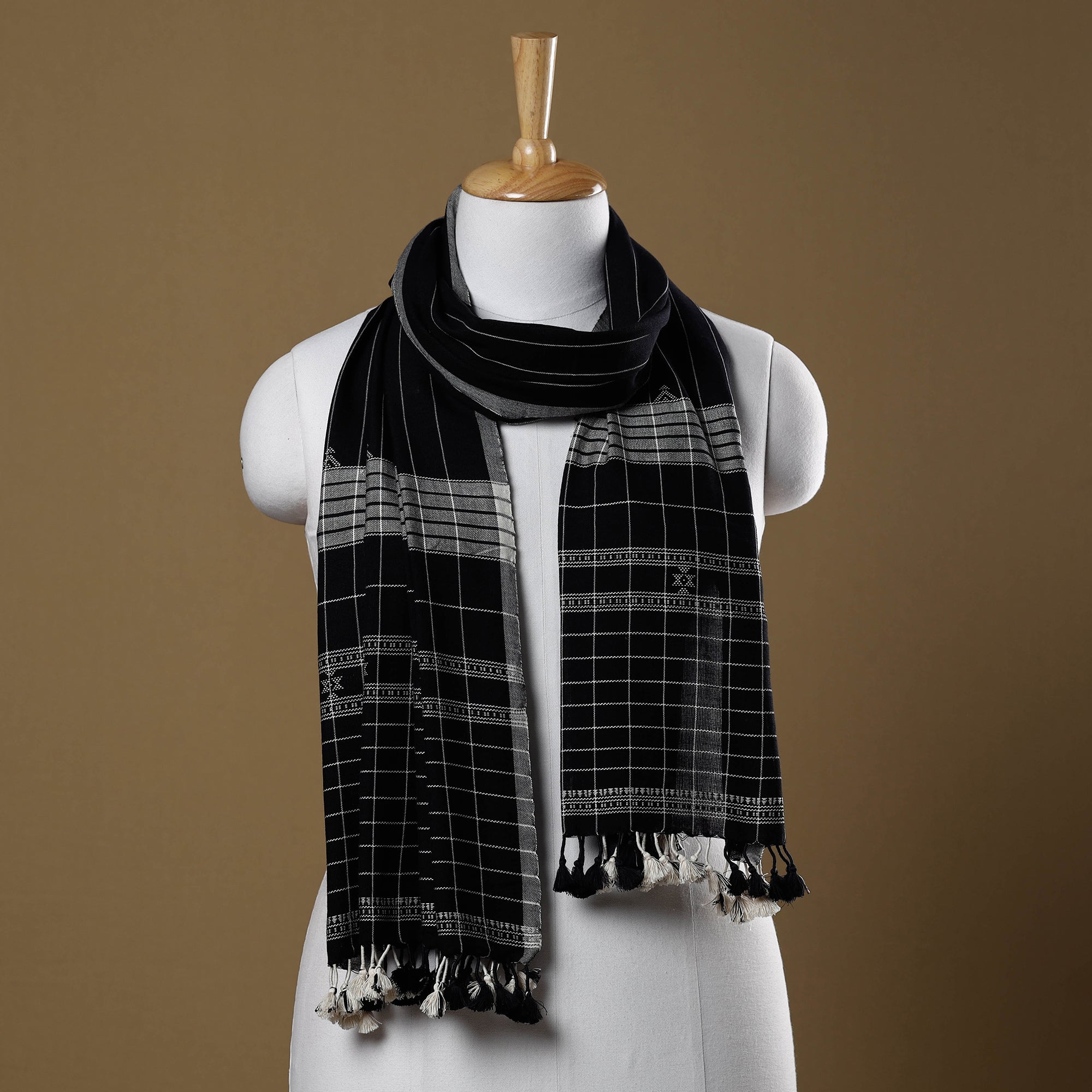 KACHCHH JI CHHAAP Black - Kutch Bhujodi Weave Handloom Cotton Stole with Tassels