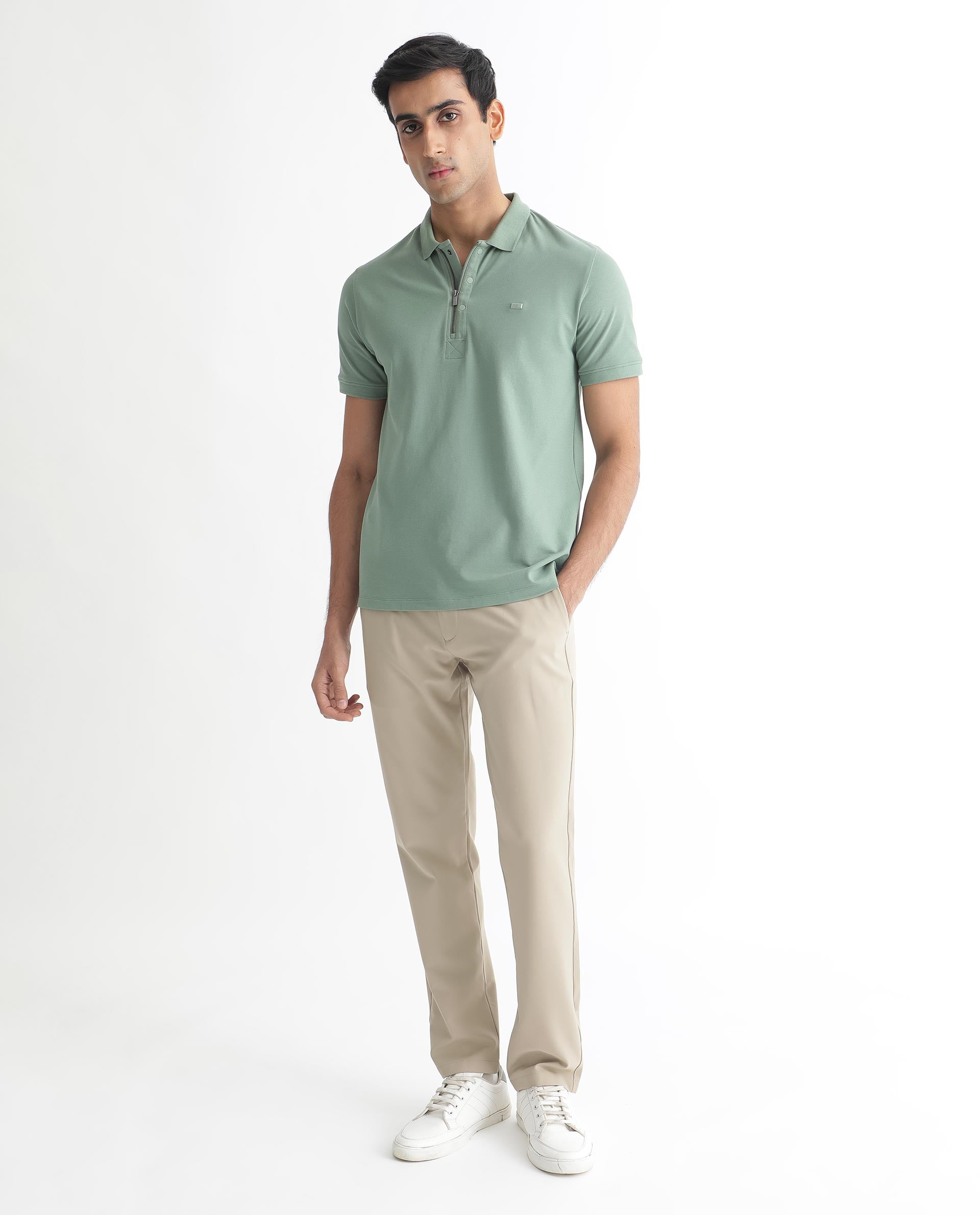 Rare Rabbit Men's Saliso Light Green Cotton Fabric Collared Neck Zipper and Snap Button Closure Half Sleeve Polo T-Shirt - view 3