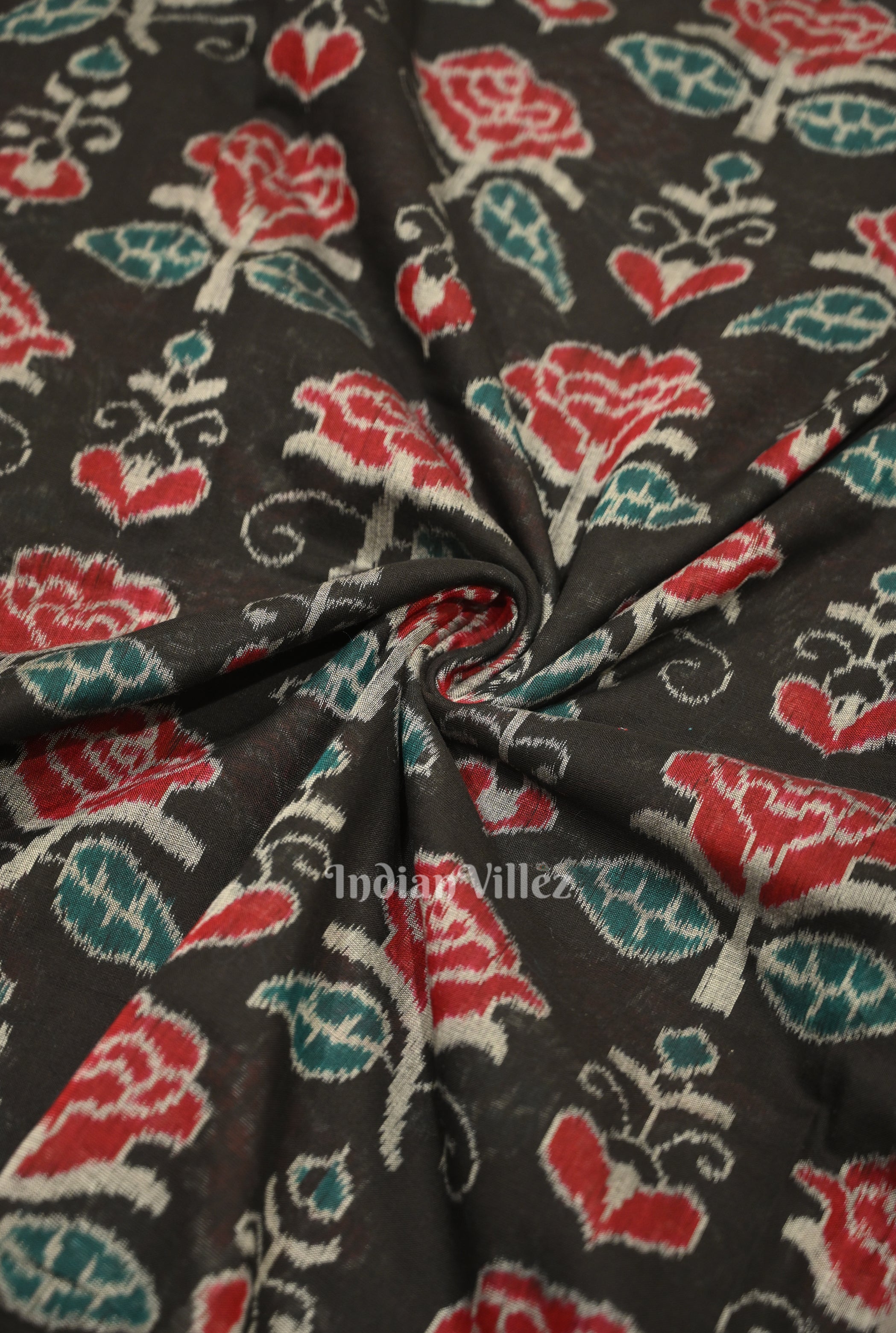 IndianVillèz Black Rose Flower Motif Sambalpuri Ikat Cotton Fabric